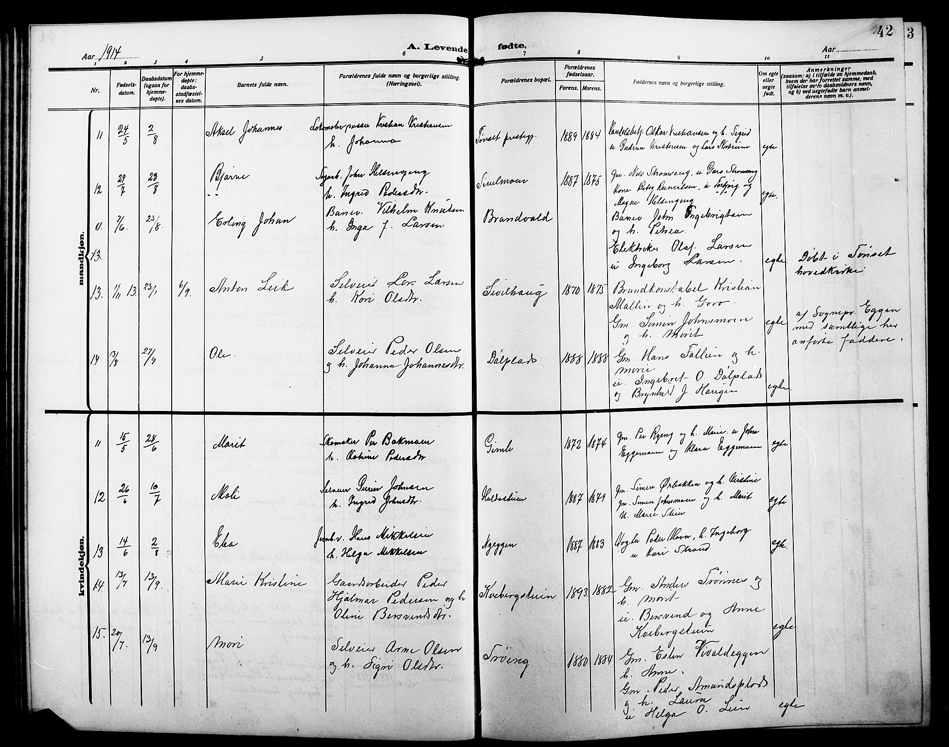 Alvdal prestekontor, AV/SAH-PREST-060/H/Ha/Hab/L0005: Parish register (copy) no. 5, 1908-1923, p. 42