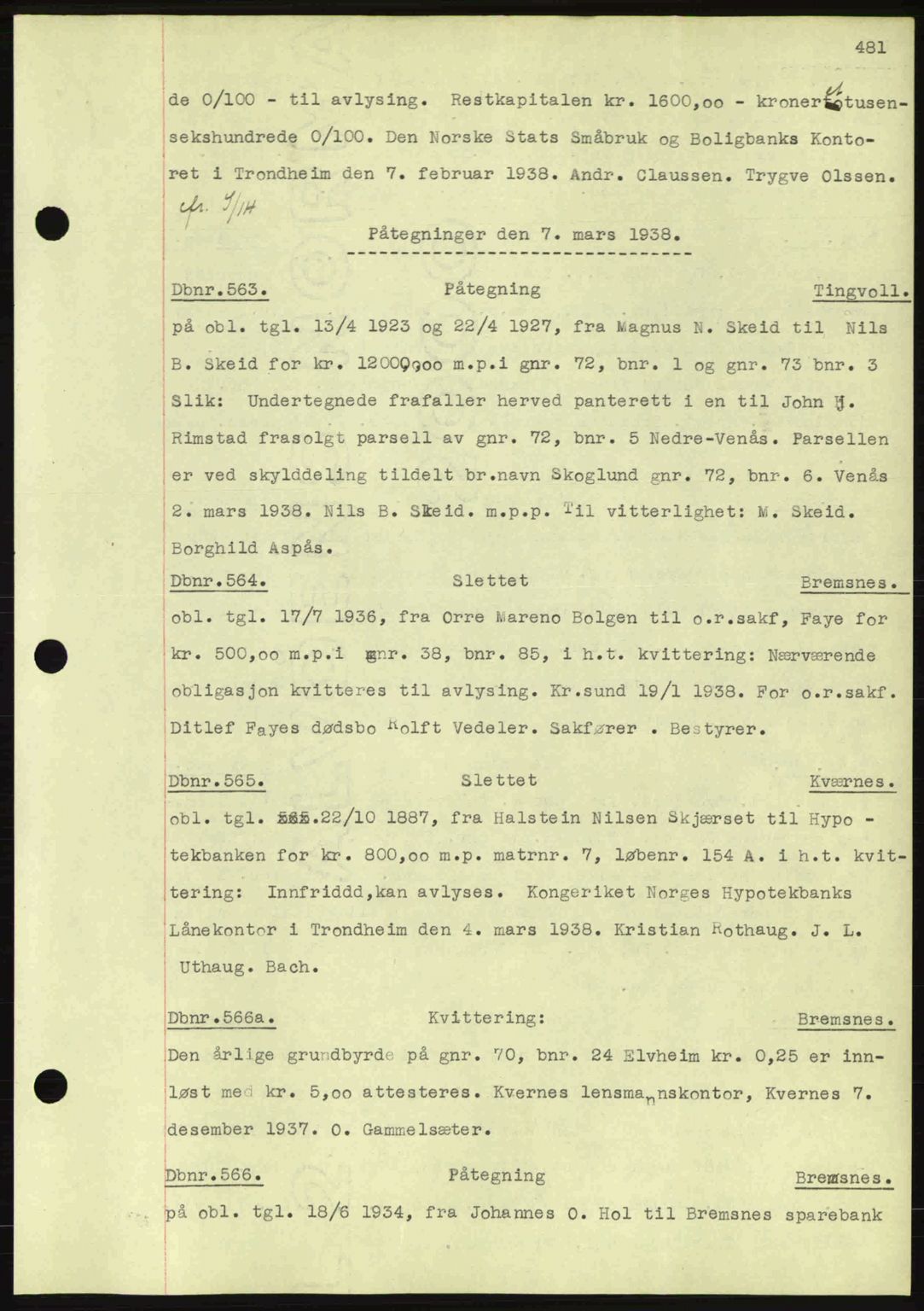 Nordmøre sorenskriveri, AV/SAT-A-4132/1/2/2Ca: Mortgage book no. C80, 1936-1939, Diary no: : 563/1938