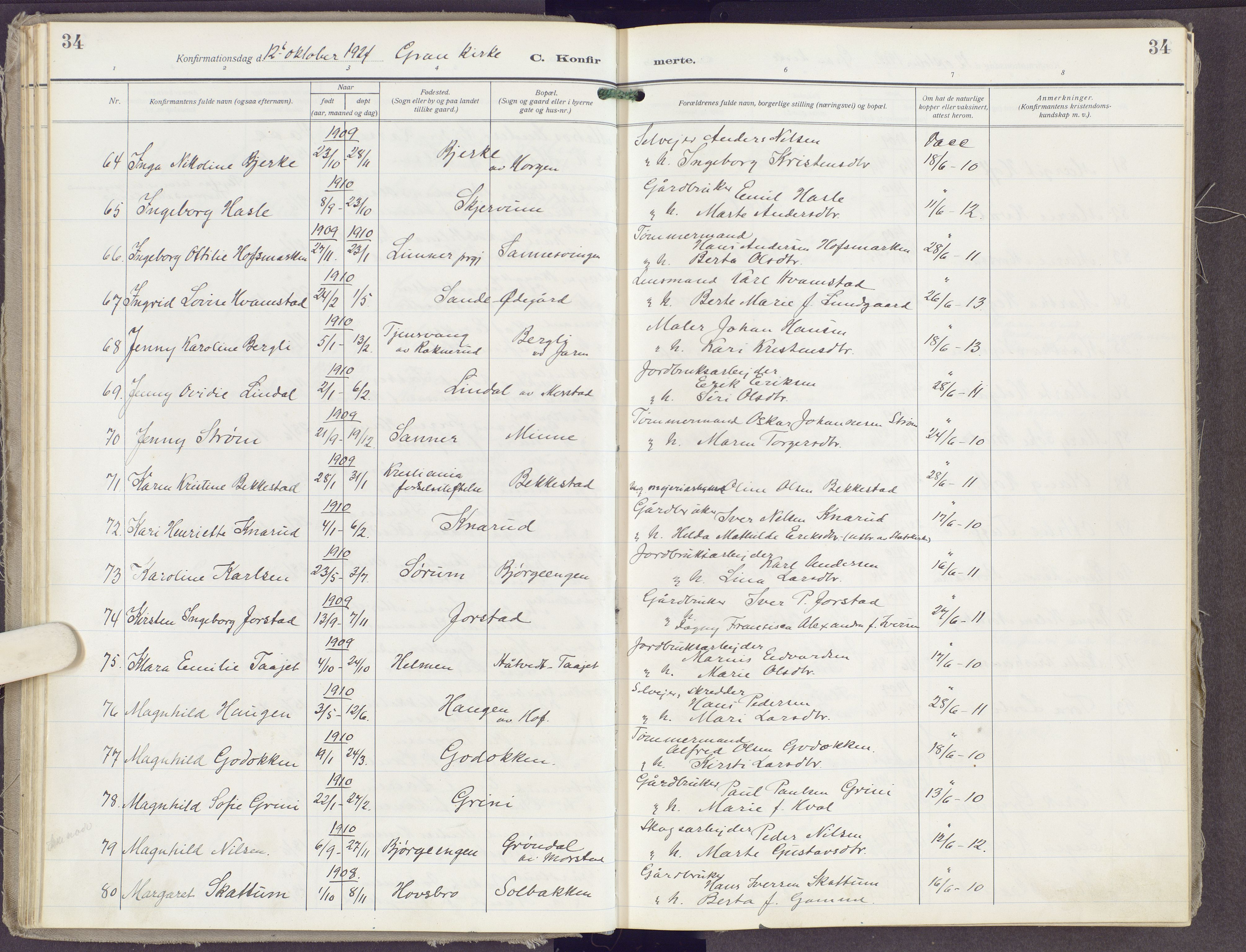 Gran prestekontor, SAH/PREST-112/H/Ha/Haa/L0023: Parish register (official) no. 23, 1919-1938, p. 34