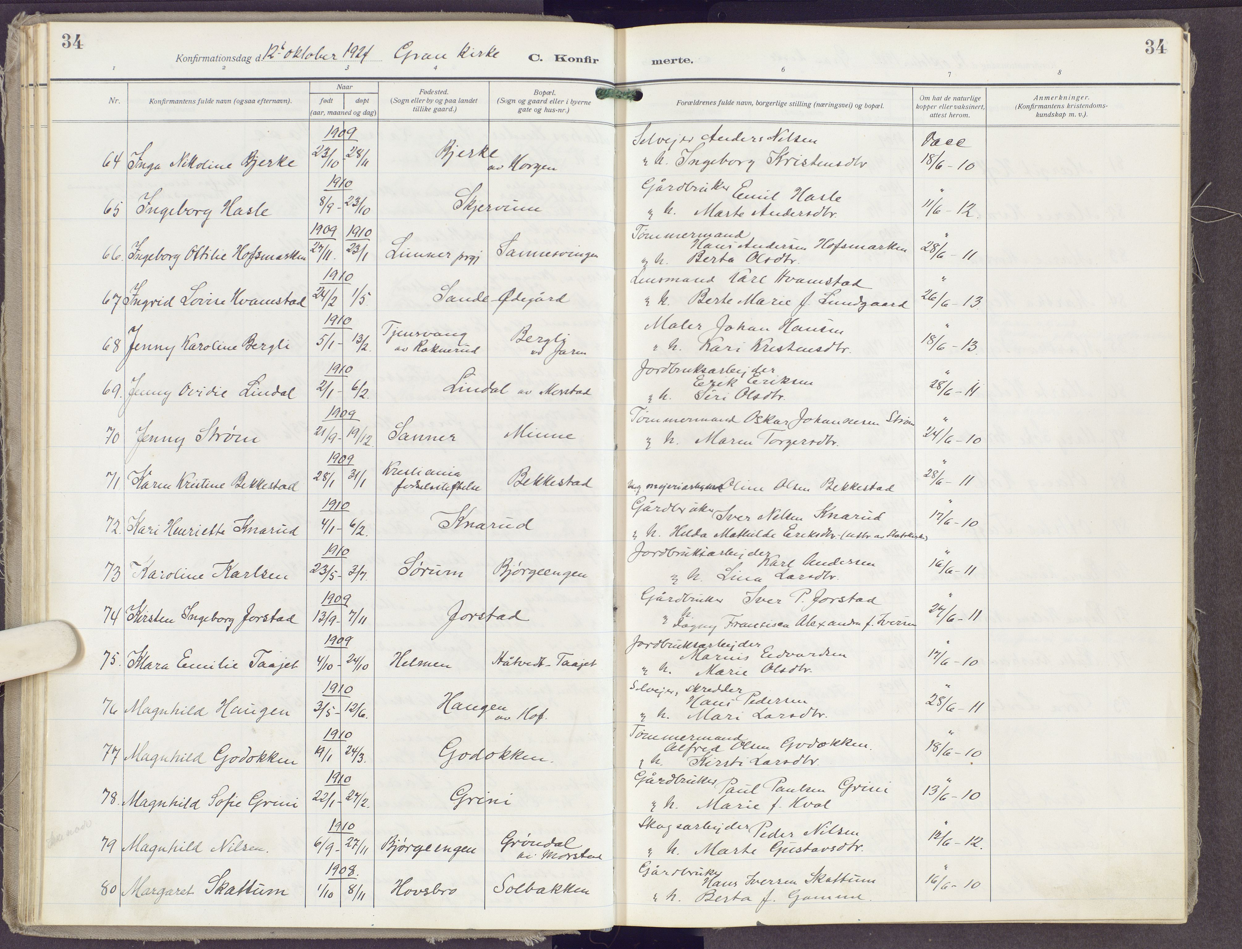 Gran prestekontor, AV/SAH-PREST-112/H/Ha/Haa/L0023: Parish register (official) no. 23, 1919-1938, p. 34