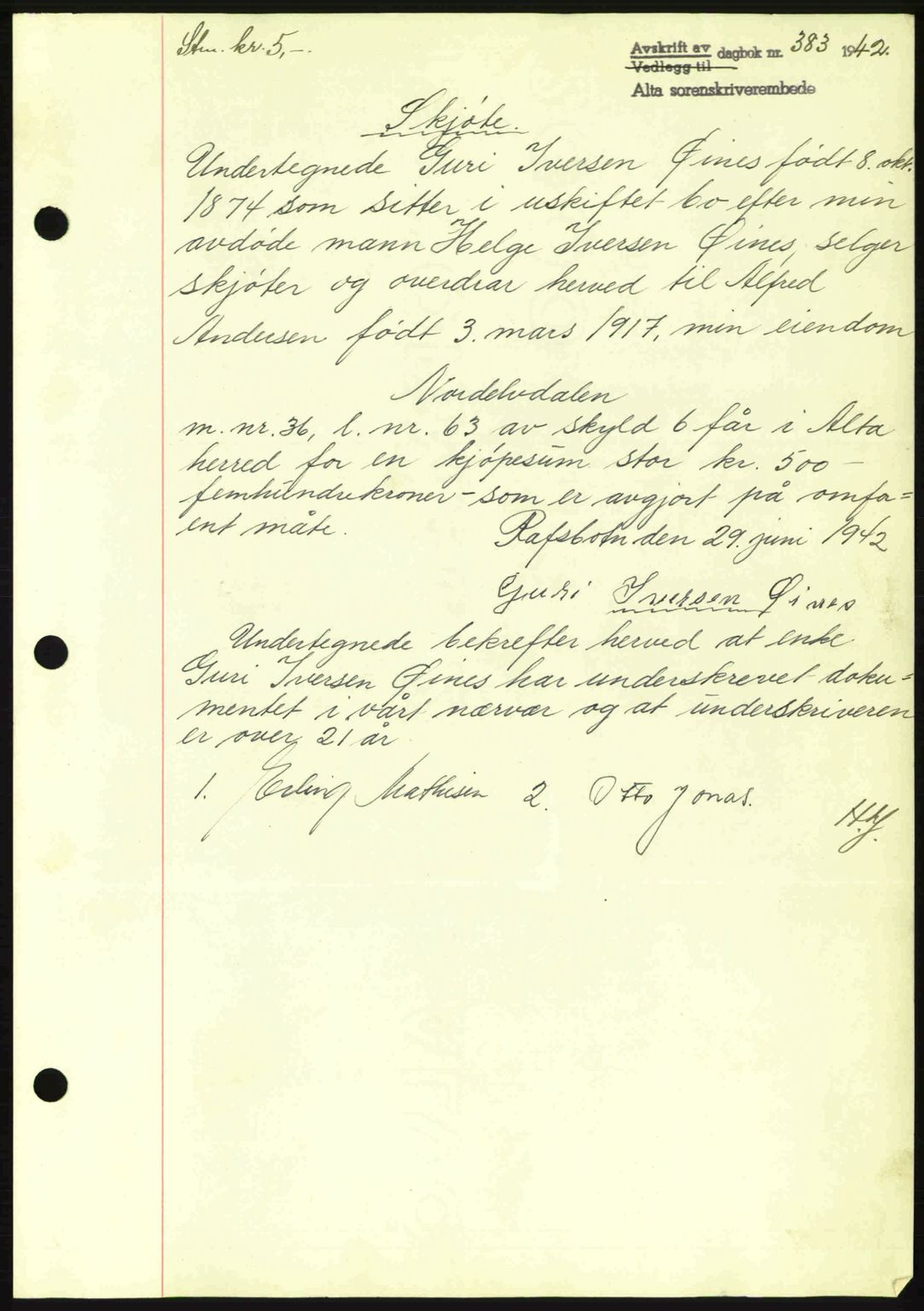 Alta fogderi/sorenskriveri, SATØ/SATØ-5/1/K/Kd/L0033pantebok: Mortgage book no. 33, 1940-1943, Diary no: : 383/1942