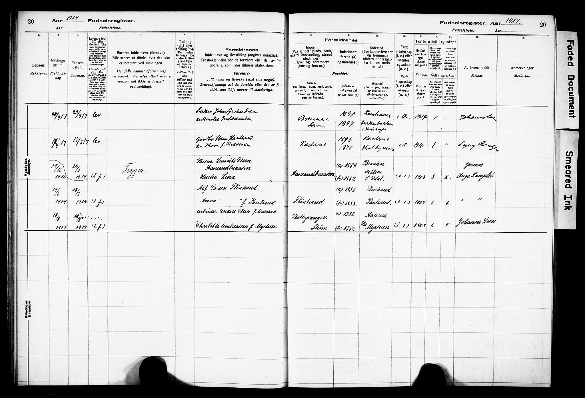 Sør-Odal prestekontor, AV/SAH-PREST-030/I/Id: Birth register no. 1, 1916-1931, p. 20