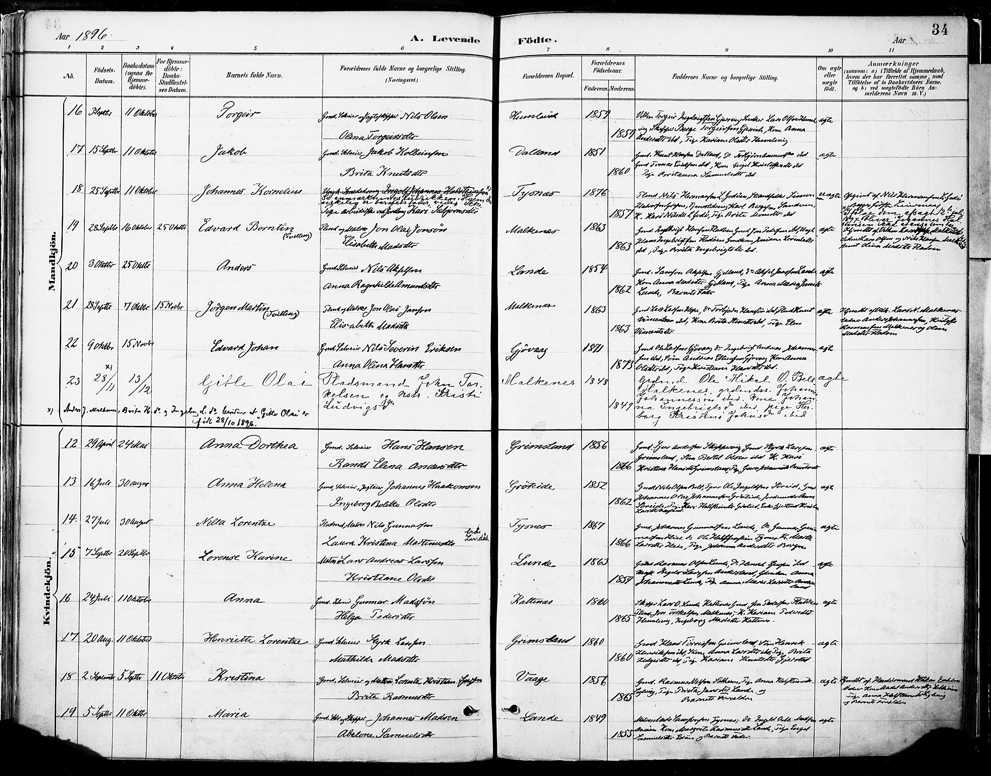 Tysnes sokneprestembete, AV/SAB-A-78601/H/Haa: Parish register (official) no. B 1, 1887-1906, p. 34