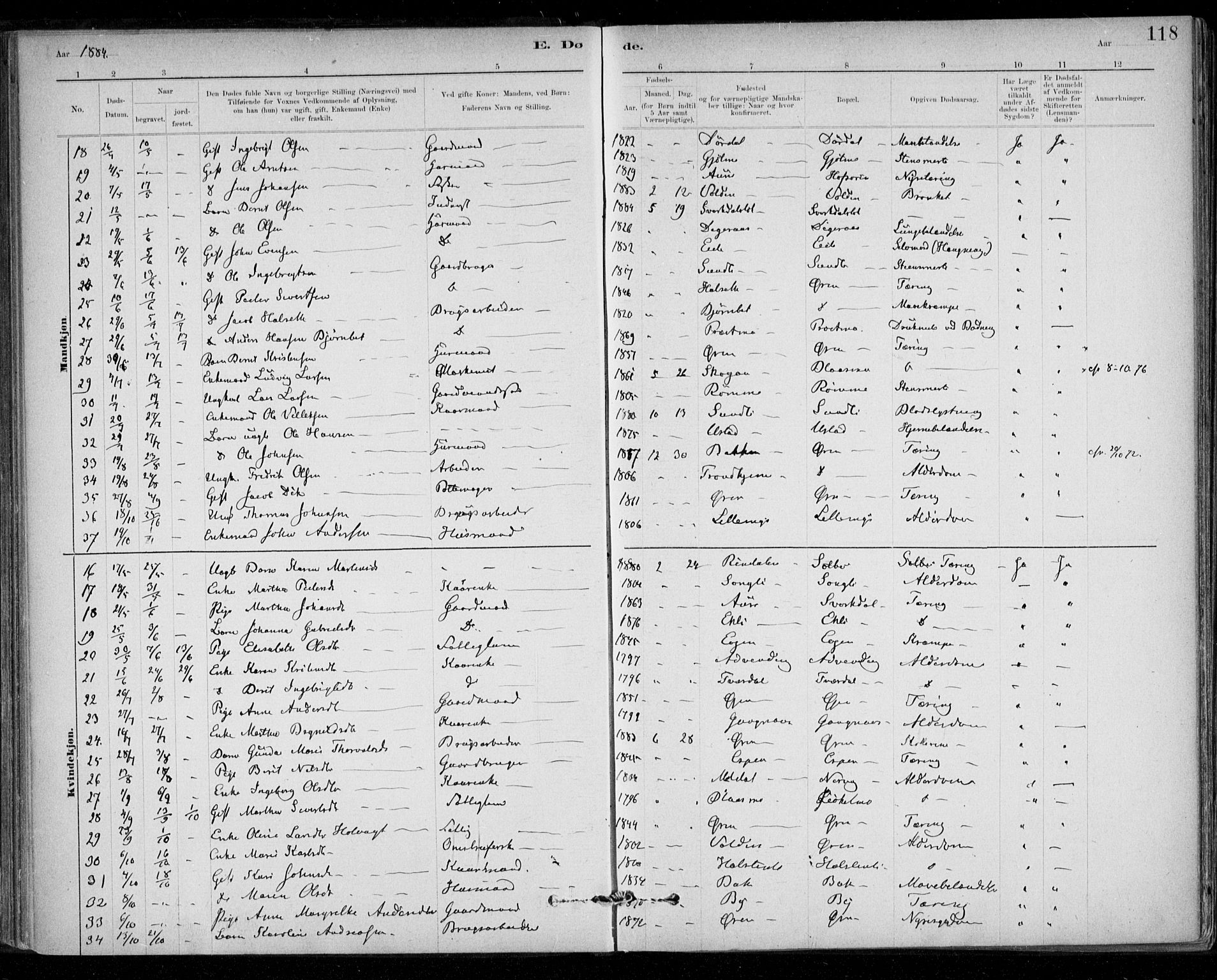 Ministerialprotokoller, klokkerbøker og fødselsregistre - Sør-Trøndelag, SAT/A-1456/668/L0810: Parish register (official) no. 668A10, 1881-1894, p. 118