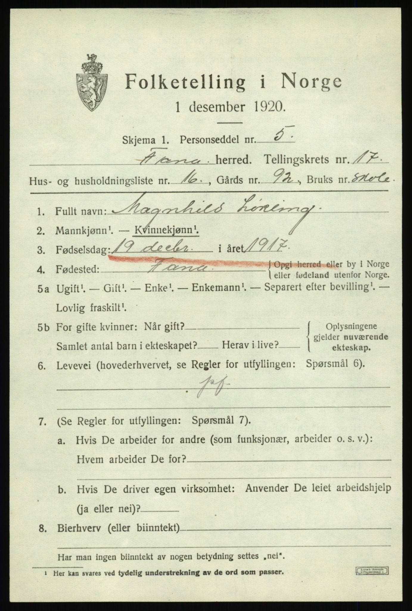 SAB, 1920 census for Fana, 1920, p. 22445