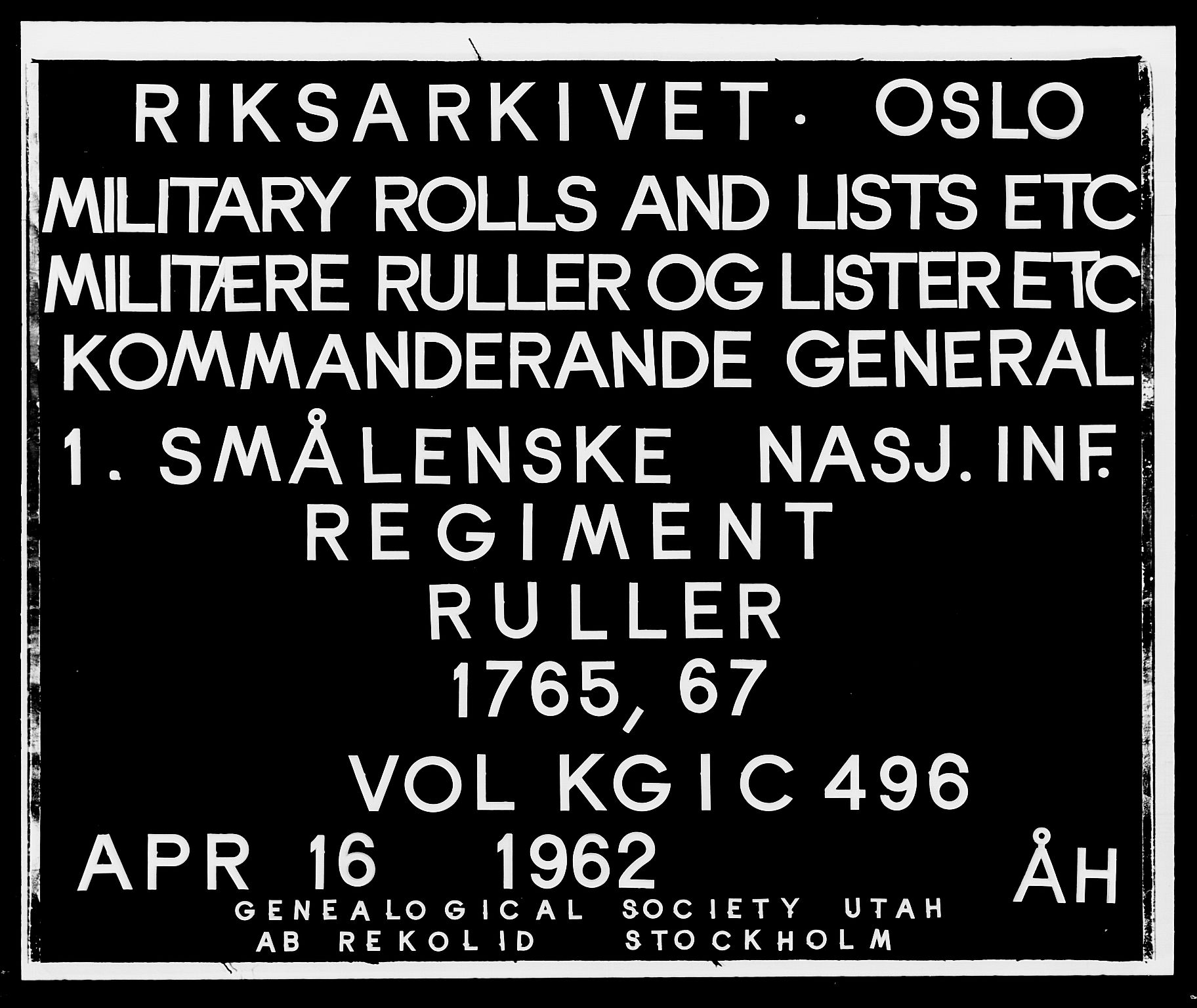 Kommanderende general (KG I) med Det norske krigsdirektorium, RA/EA-5419/E/Ea/L0496: 1. Smålenske regiment, 1765-1767, p. 1