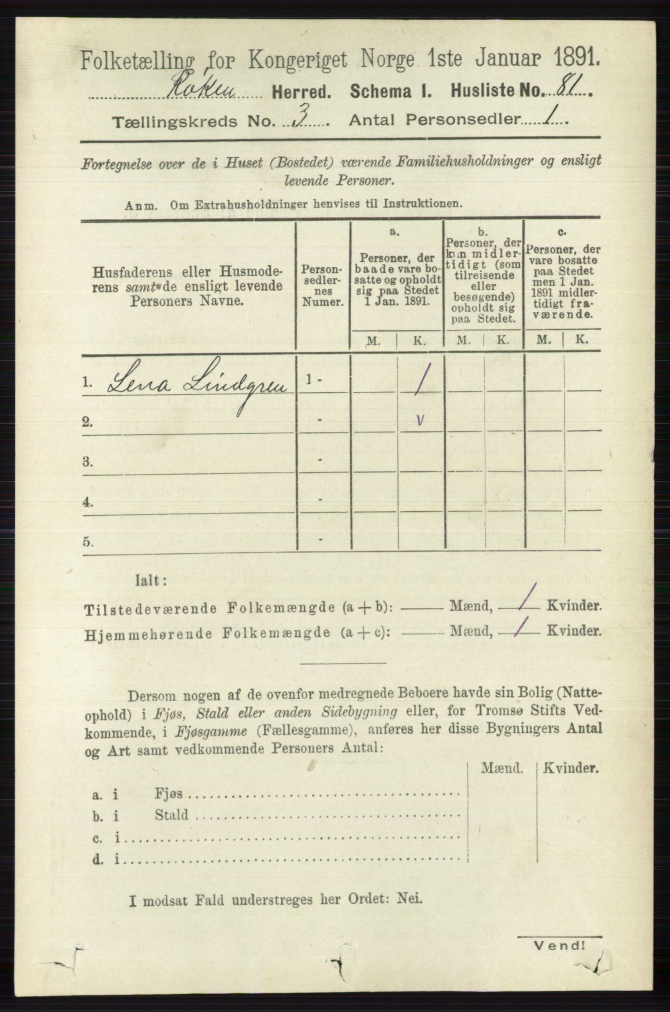 RA, 1891 census for 0627 Røyken, 1891, p. 1191