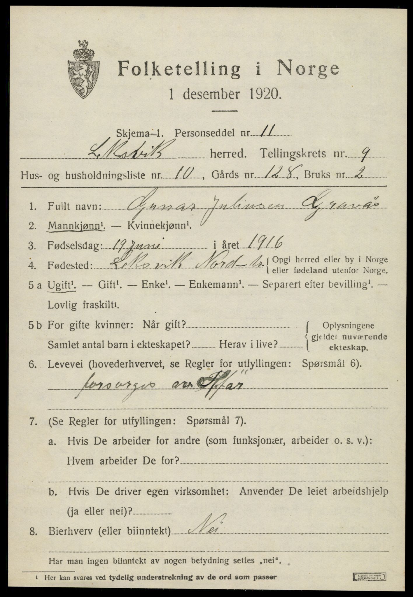 SAT, 1920 census for Leksvik, 1920, p. 7040