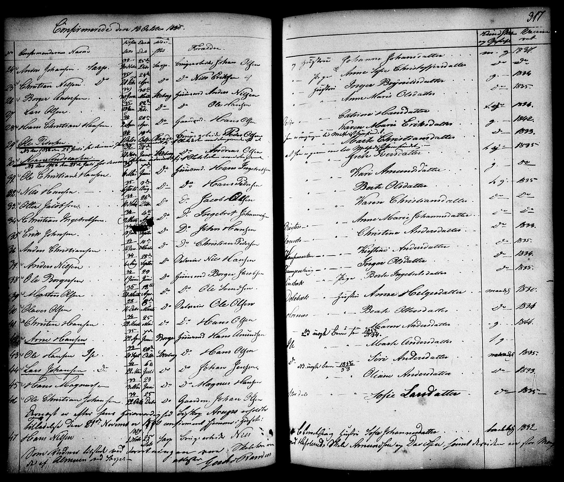 Skjeberg prestekontor Kirkebøker, AV/SAO-A-10923/F/Fa/L0006: Parish register (official) no. I 6, 1846-1858, p. 317