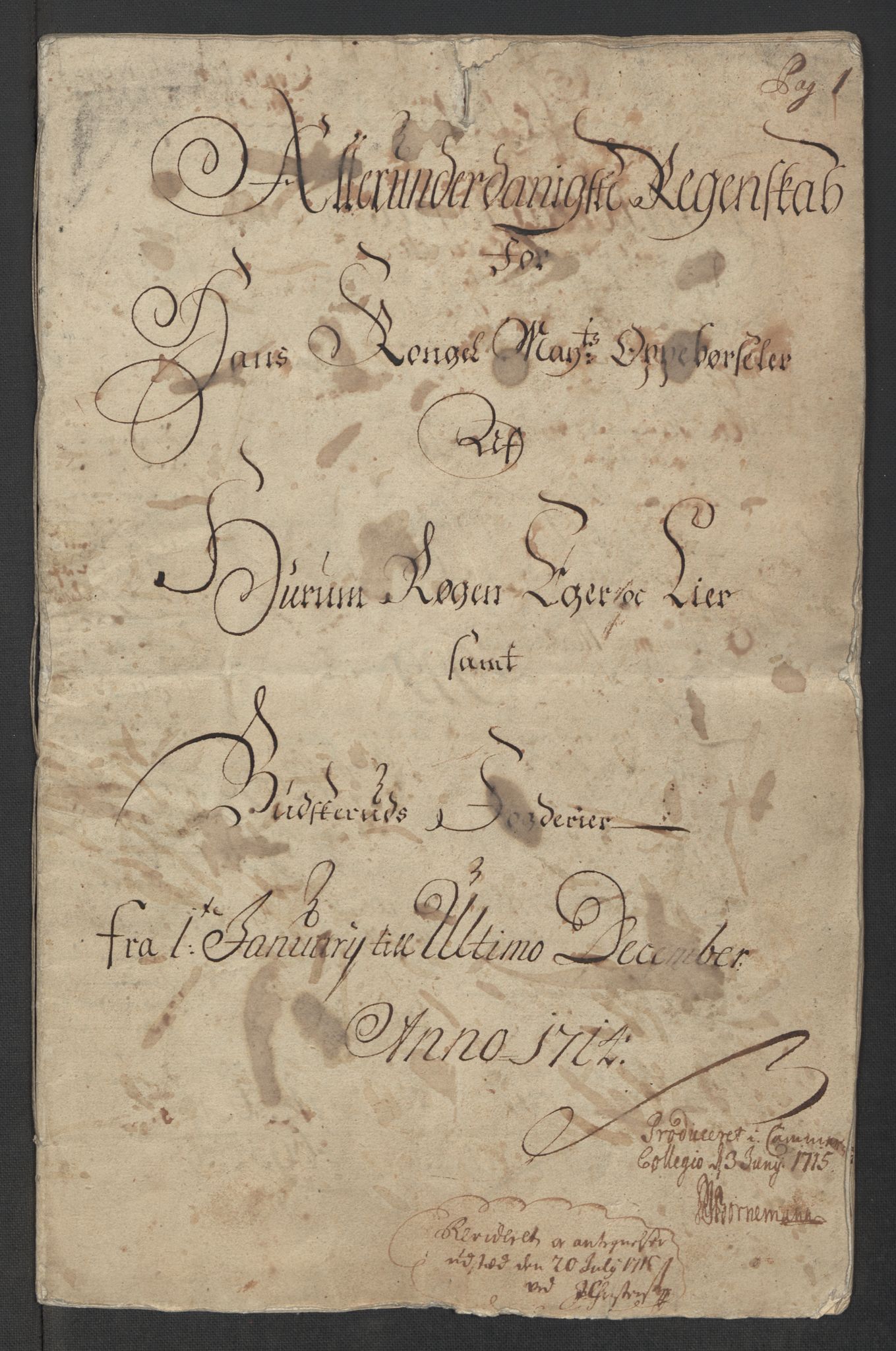 Rentekammeret inntil 1814, Reviderte regnskaper, Fogderegnskap, AV/RA-EA-4092/R31/L1709: Fogderegnskap Hurum, Røyken, Eiker, Lier og Buskerud, 1714, p. 3