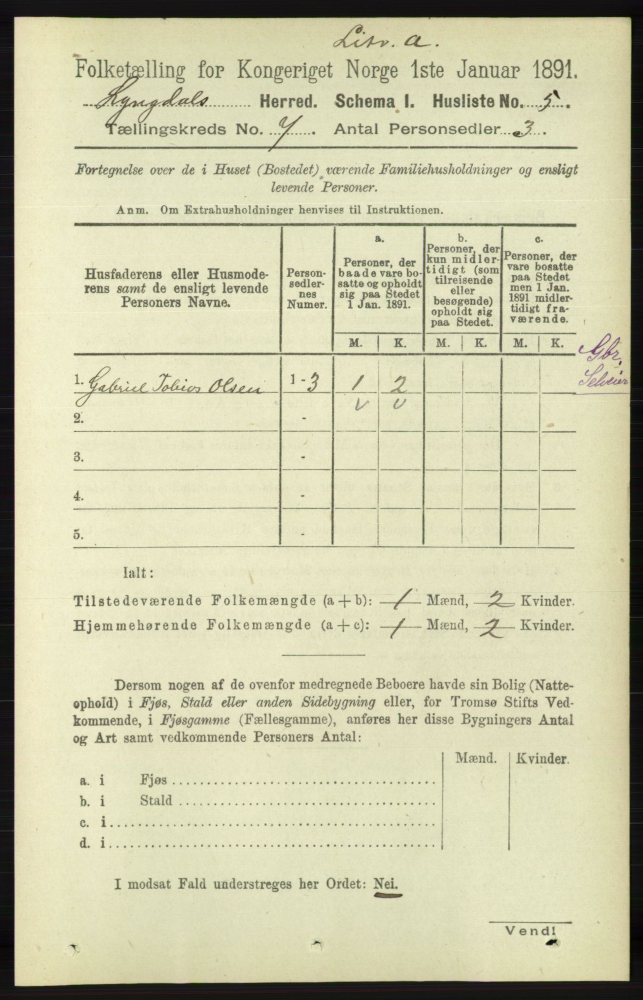 RA, 1891 census for 1032 Lyngdal, 1891, p. 2842