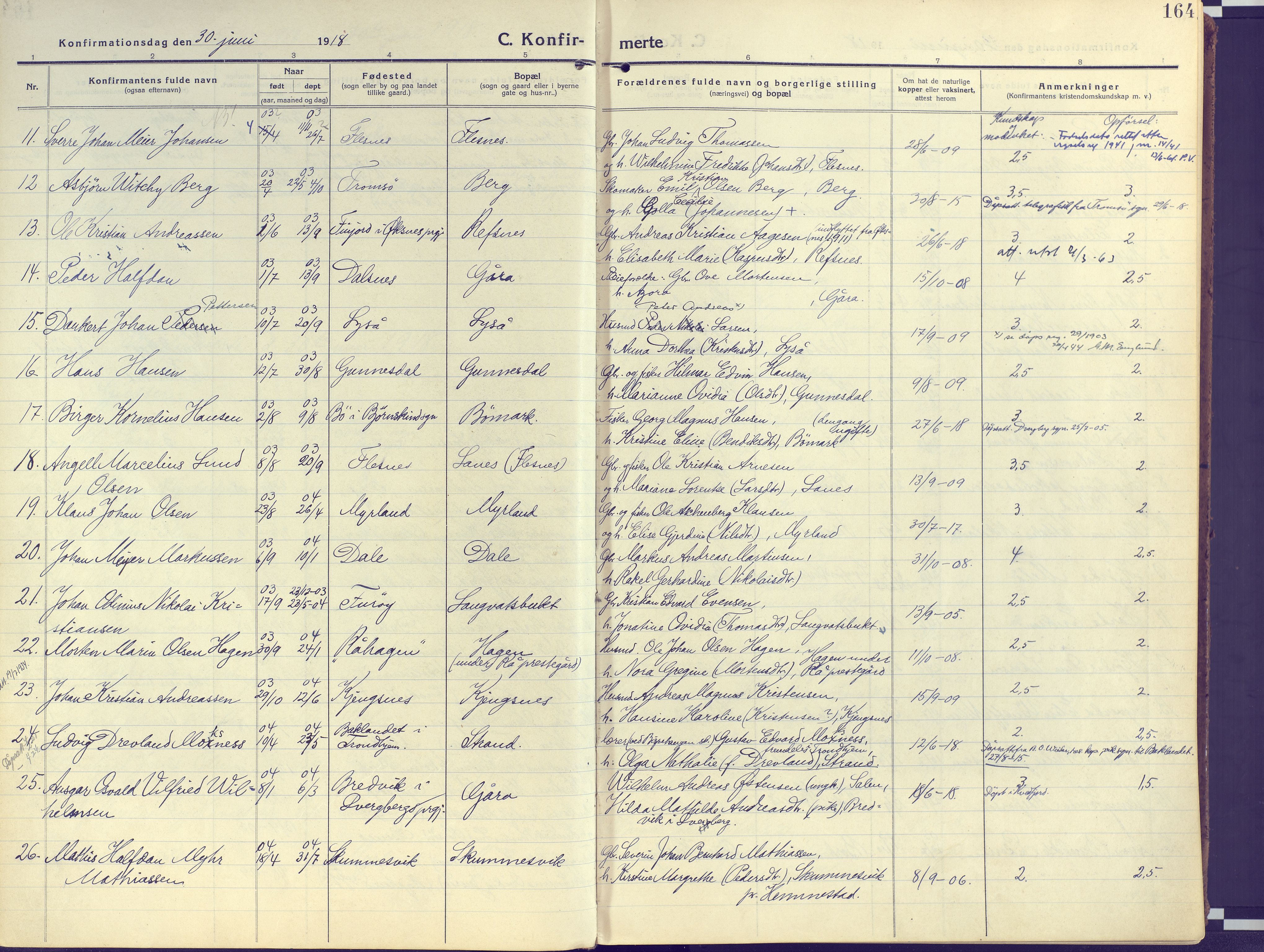 Kvæfjord sokneprestkontor, AV/SATØ-S-1323/G/Ga/Gaa/L0007kirke: Parish register (official) no. 7, 1915-1931, p. 164