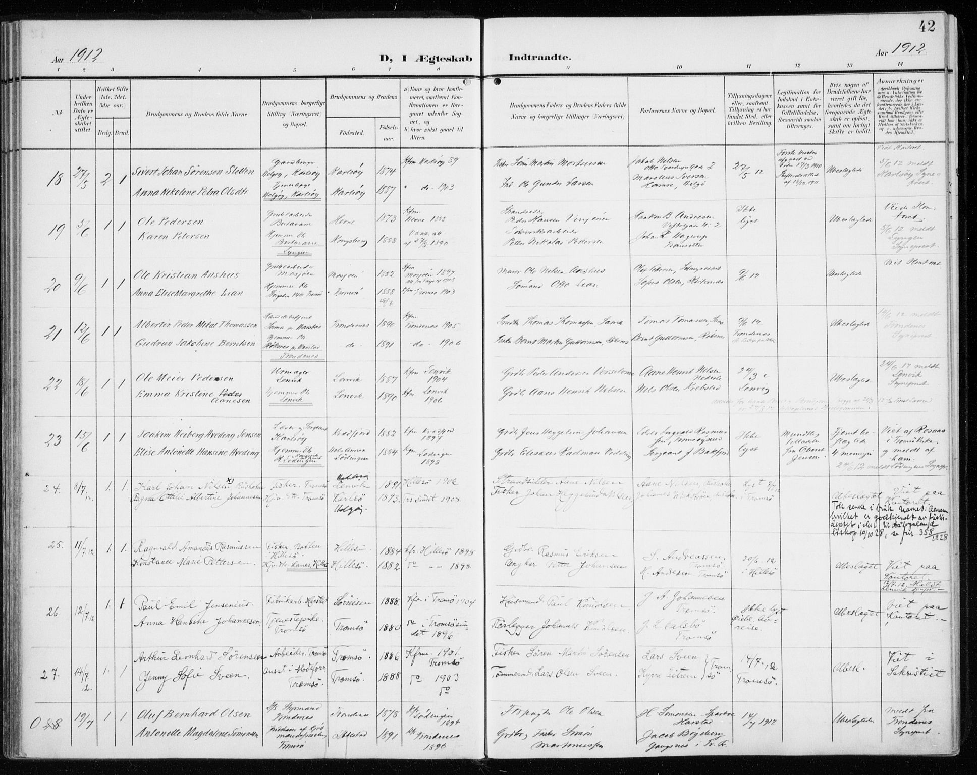 Tromsø sokneprestkontor/stiftsprosti/domprosti, AV/SATØ-S-1343/G/Ga/L0018kirke: Parish register (official) no. 18, 1907-1917, p. 42