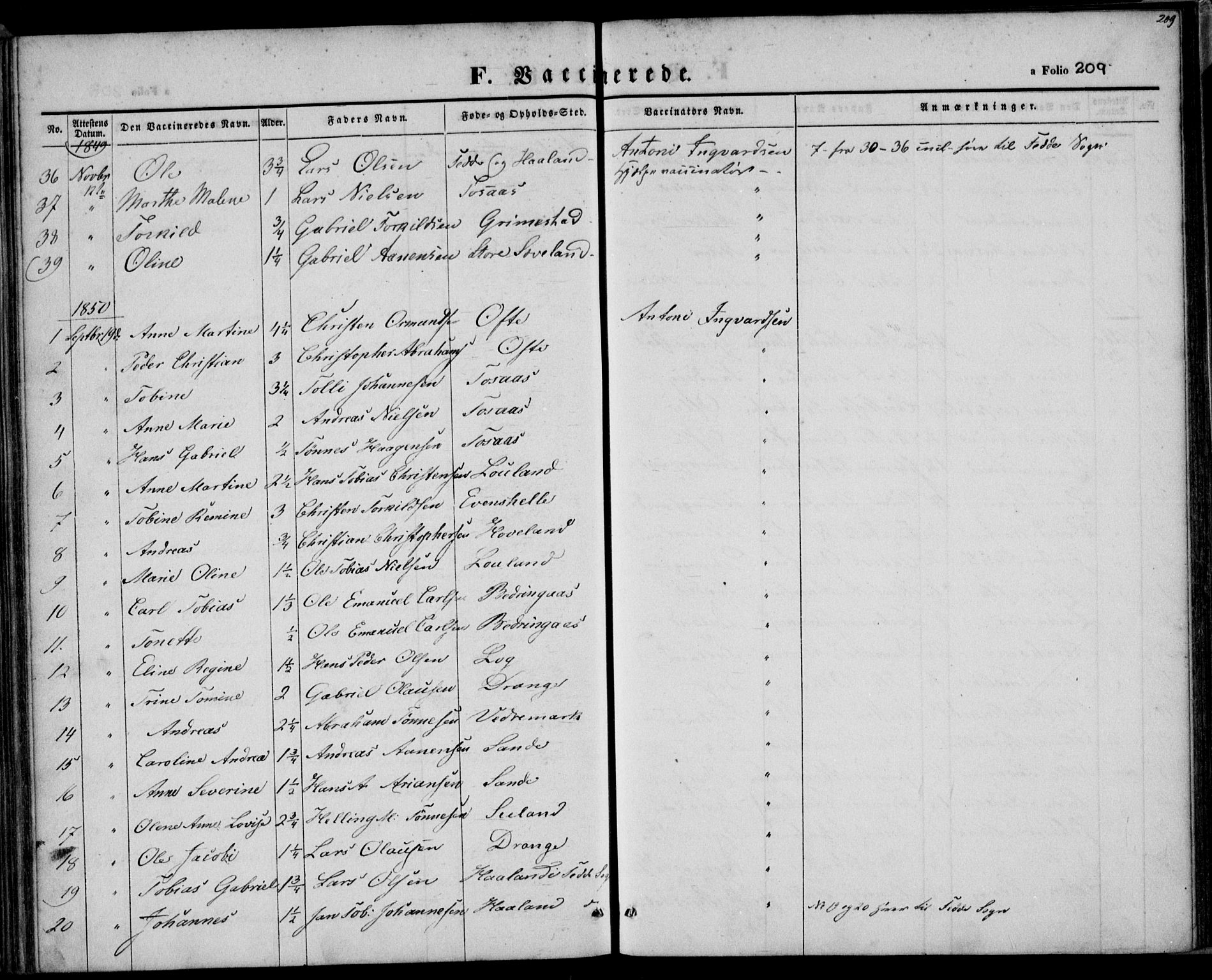 Herad sokneprestkontor, SAK/1111-0018/F/Fa/Faa/L0004: Parish register (official) no. A 4, 1844-1853, p. 209