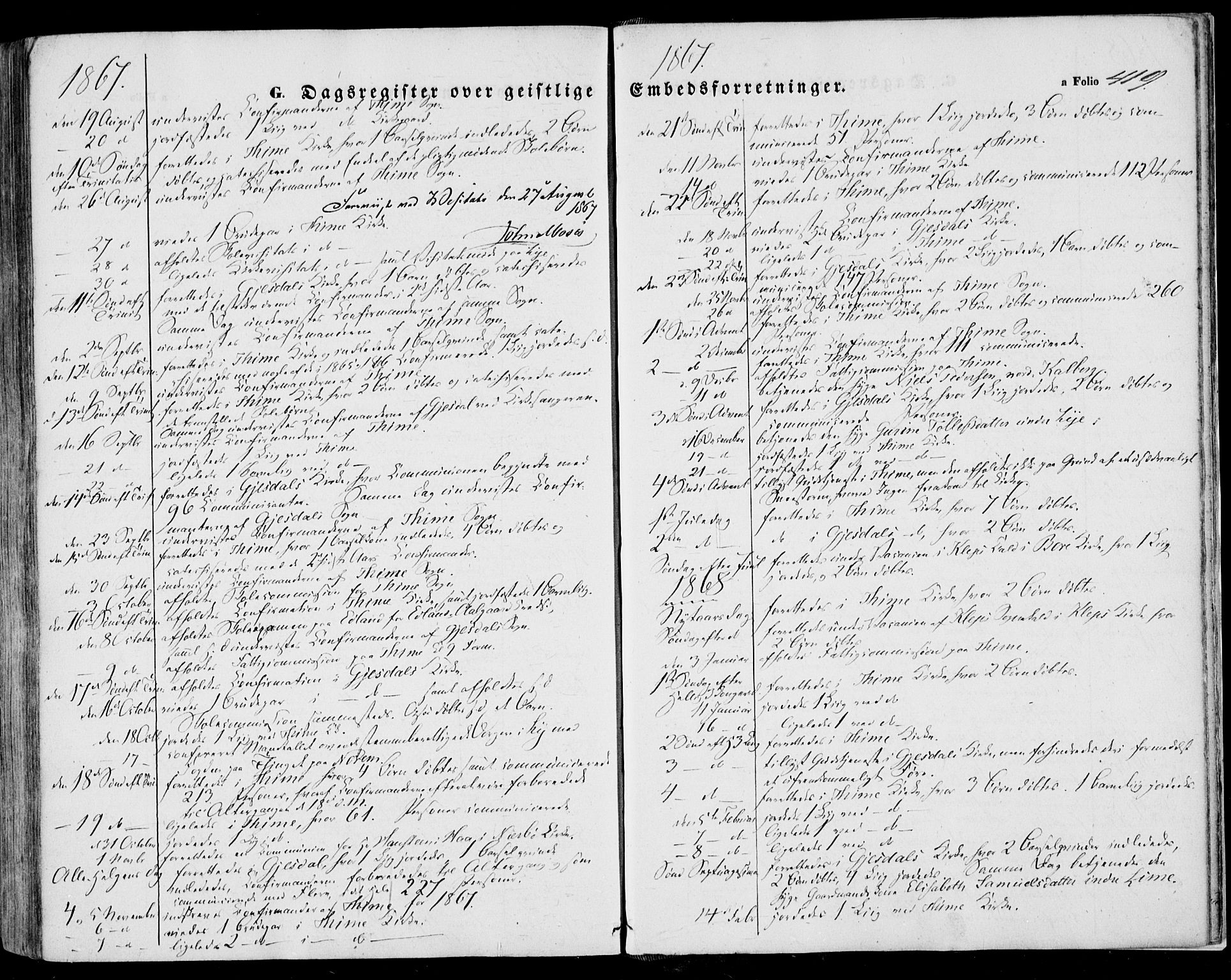 Lye sokneprestkontor, SAST/A-101794/001/30BA/L0007: Parish register (official) no. A 6, 1856-1871, p. 419