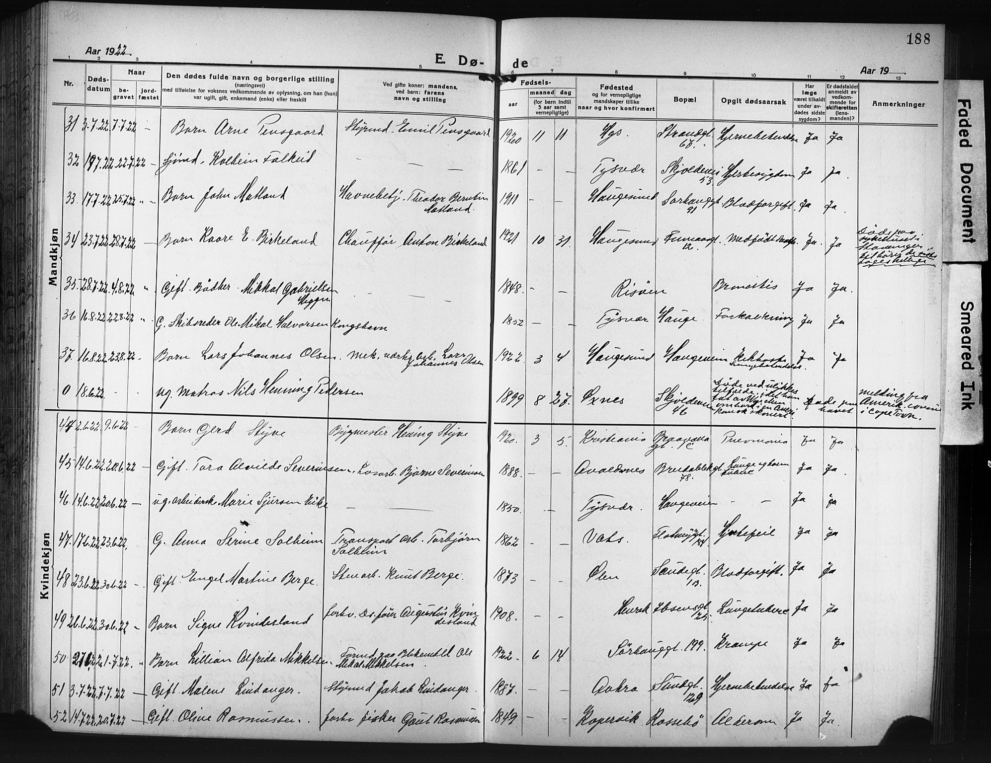 Haugesund sokneprestkontor, SAST/A -101863/H/Ha/Hab/L0010: Parish register (copy) no. B 10, 1920-1931, p. 188