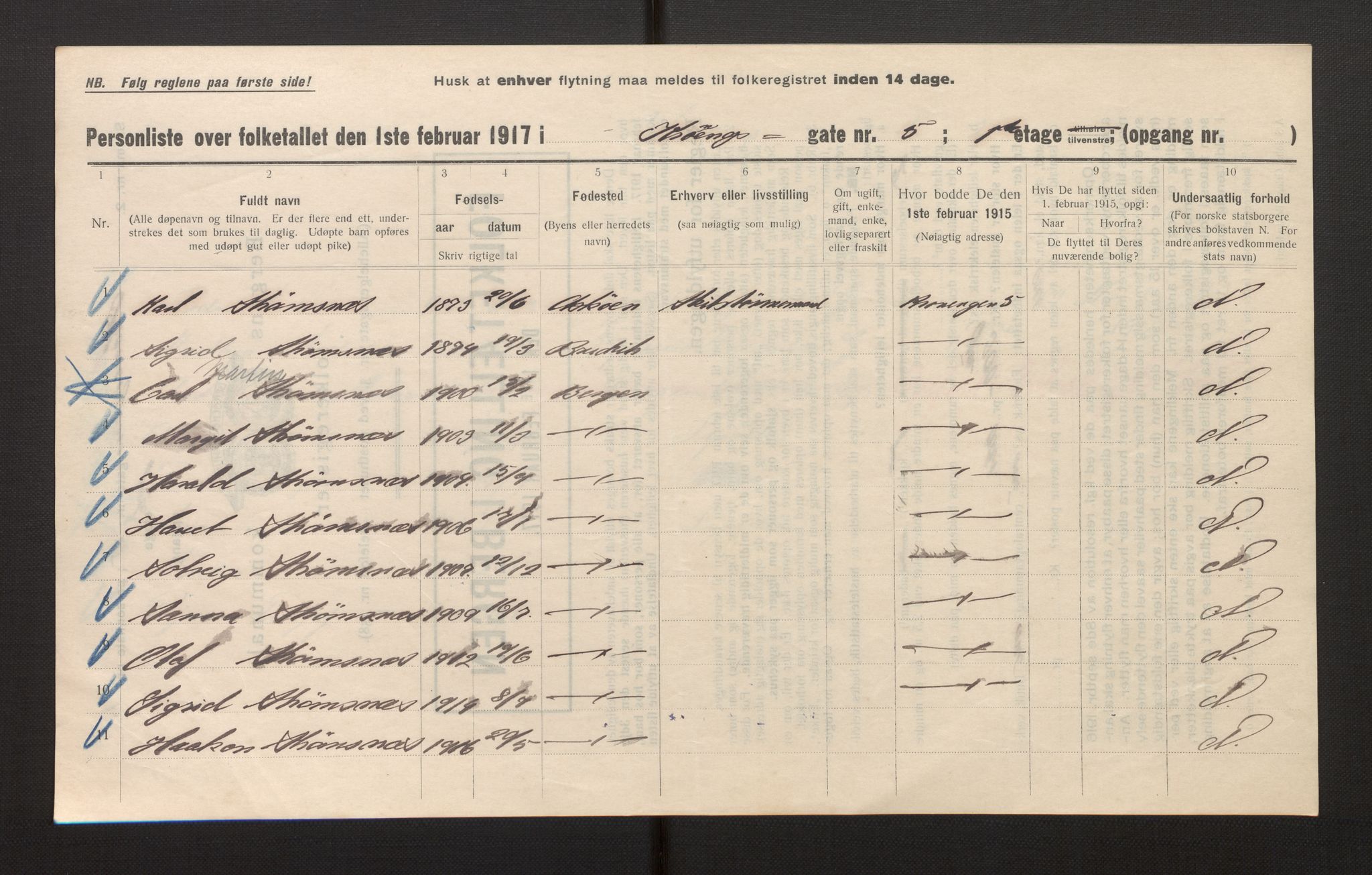 SAB, Municipal Census 1917 for Bergen, 1917, p. 19842