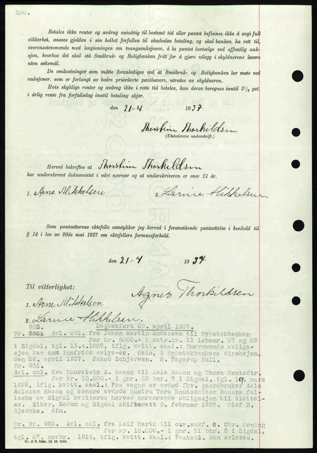 Eiker, Modum og Sigdal sorenskriveri, SAKO/A-123/G/Ga/Gab/L0035: Mortgage book no. A5, 1937-1937, Diary no: : 930/1937