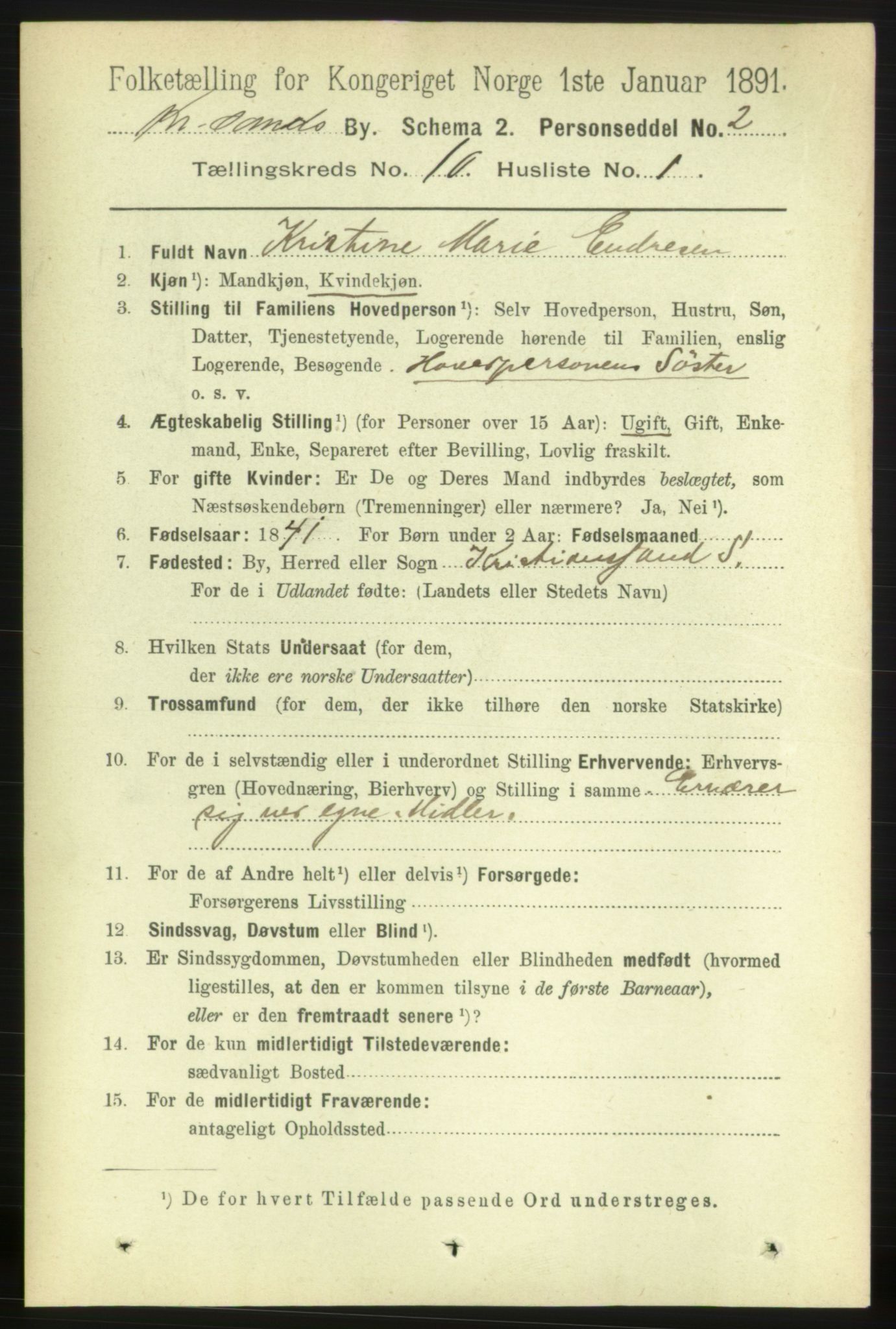 RA, 1891 census for 1001 Kristiansand, 1891, p. 5402