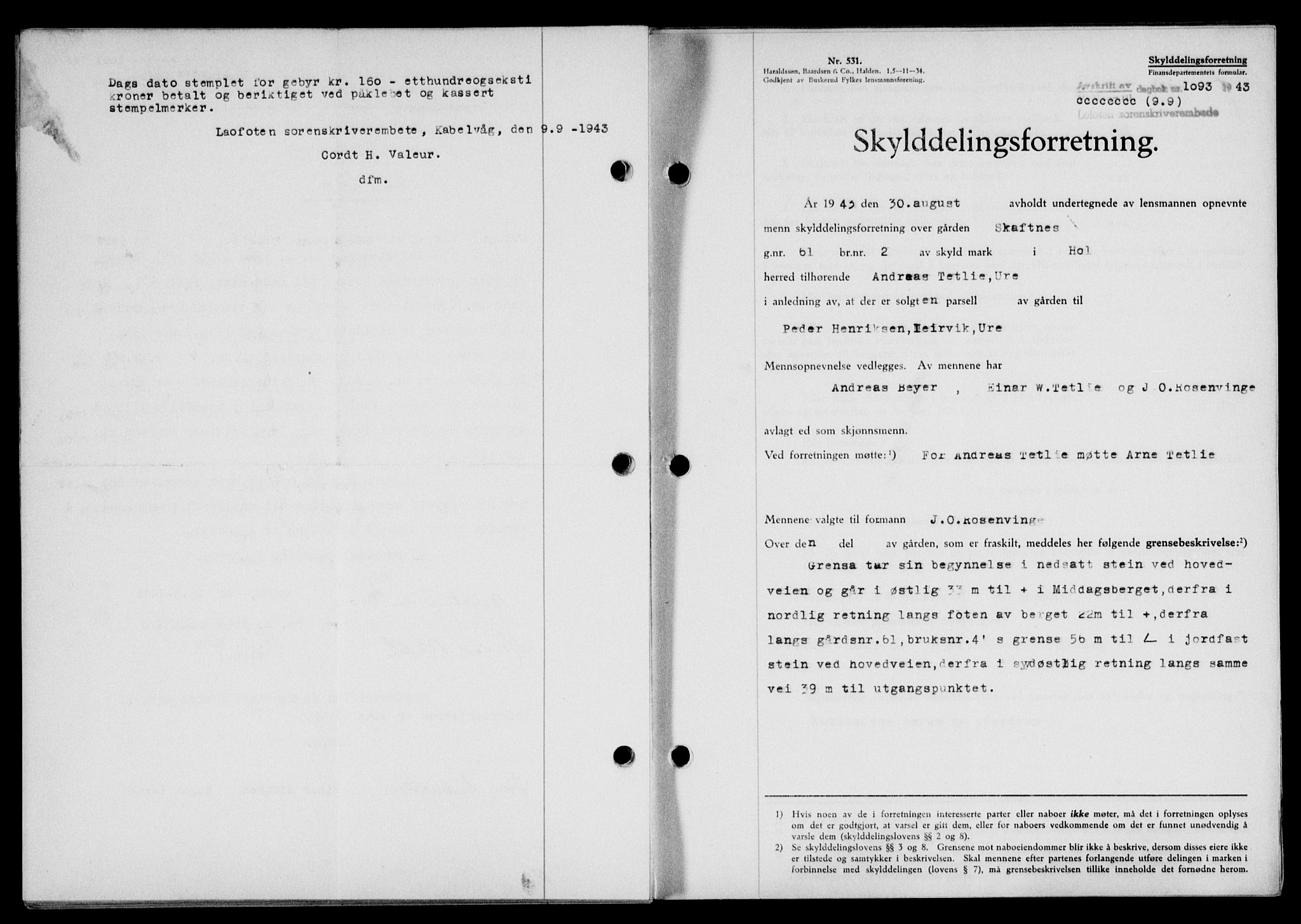 Lofoten sorenskriveri, SAT/A-0017/1/2/2C/L0011a: Mortgage book no. 11a, 1943-1943, Diary no: : 1093/1943