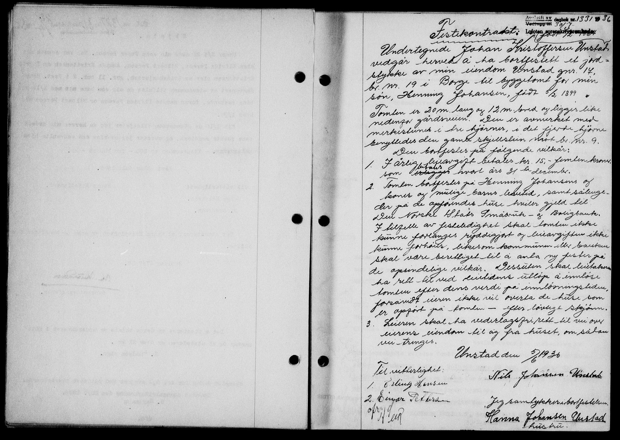 Lofoten sorenskriveri, SAT/A-0017/1/2/2C/L0001a: Mortgage book no. 1a, 1936-1937, Diary no: : 1331/1936