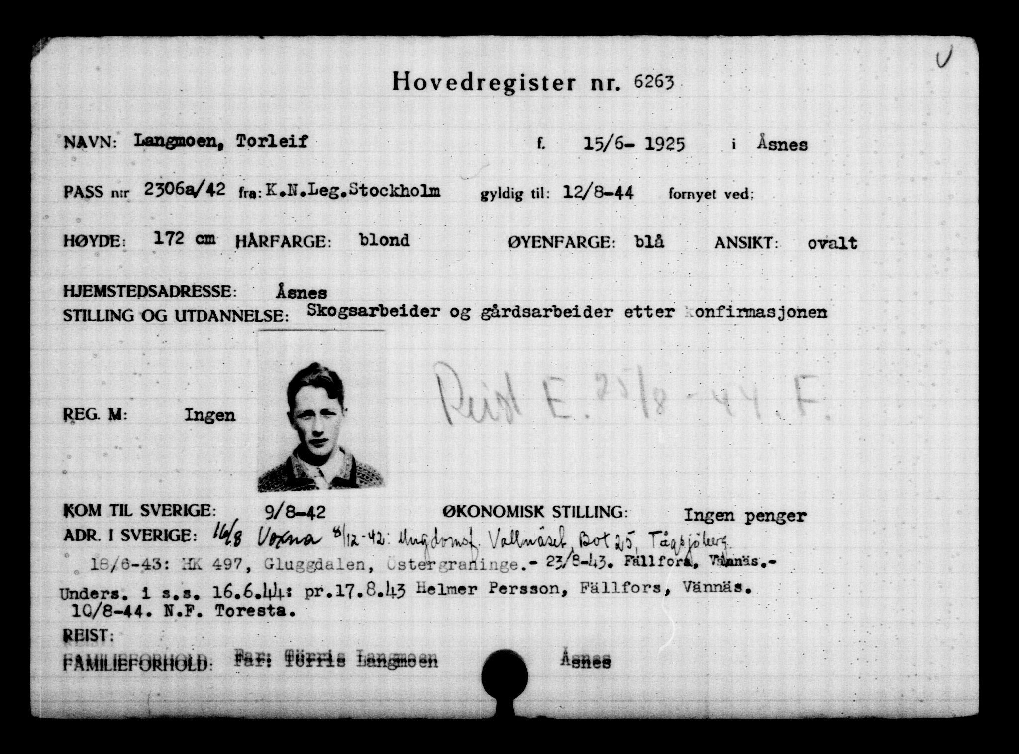 Utenriksstasjonene, Legasjonen i Stockholm, Flyktningkontoret, AV/RA-S-6753/V/Va/L0004: Kjesäterkartoteket, flyktninger med registreringsnr. 3496-6610, 1940-1945, p. 3256