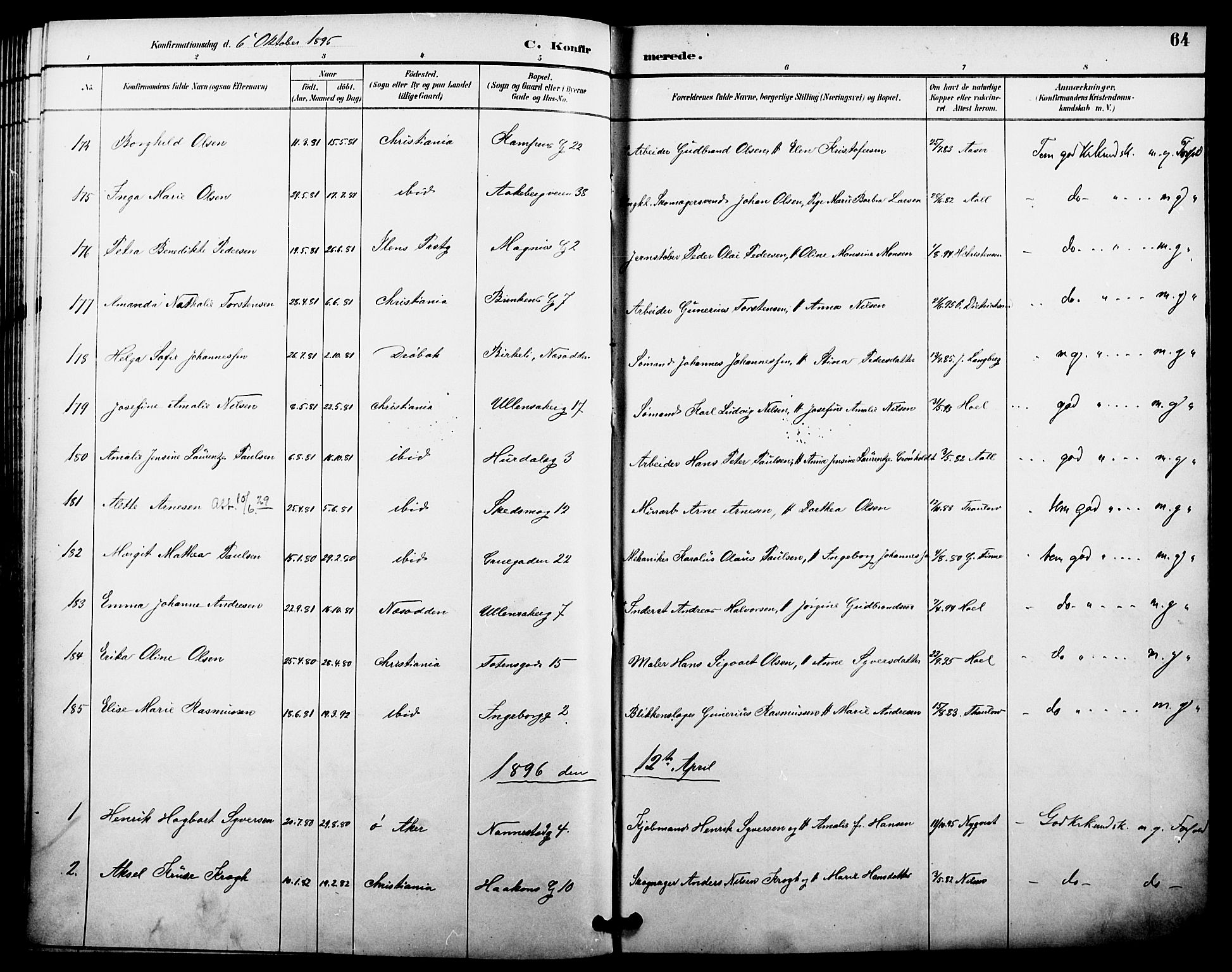 Kampen prestekontor Kirkebøker, AV/SAO-A-10853/F/Fa/L0008: Parish register (official) no. I 8, 1892-1902, p. 64