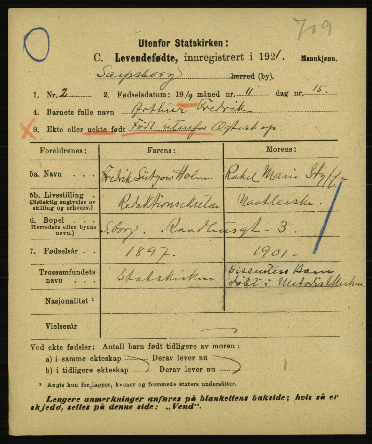 Statistisk sentralbyrå, Sosiodemografiske emner, Befolkning, AV/RA-S-2228/E/L0019: Fødte, gifte, døde dissentere., 1921, p. 11