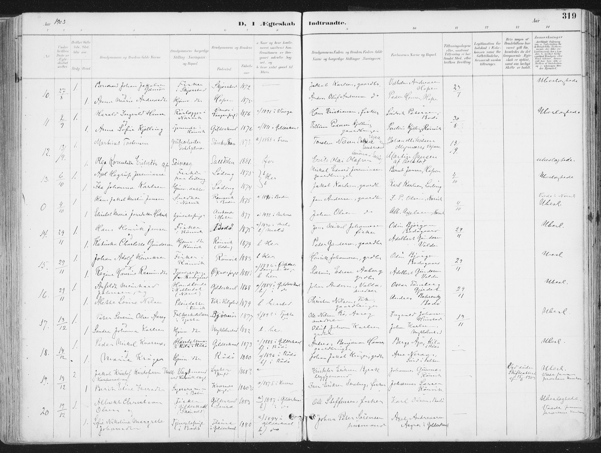 Ministerialprotokoller, klokkerbøker og fødselsregistre - Nordland, AV/SAT-A-1459/802/L0055: Parish register (official) no. 802A02, 1894-1915, p. 319