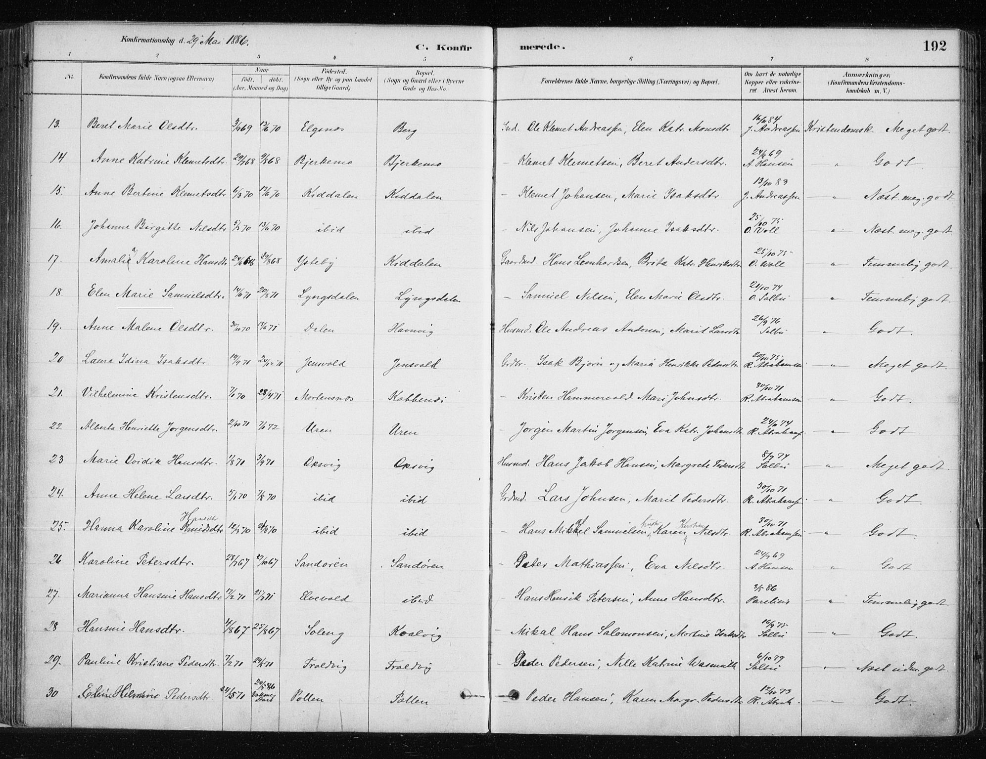 Lyngen sokneprestembete, AV/SATØ-S-1289/H/He/Hea/L0007kirke: Parish register (official) no. 7, 1879-1890, p. 192