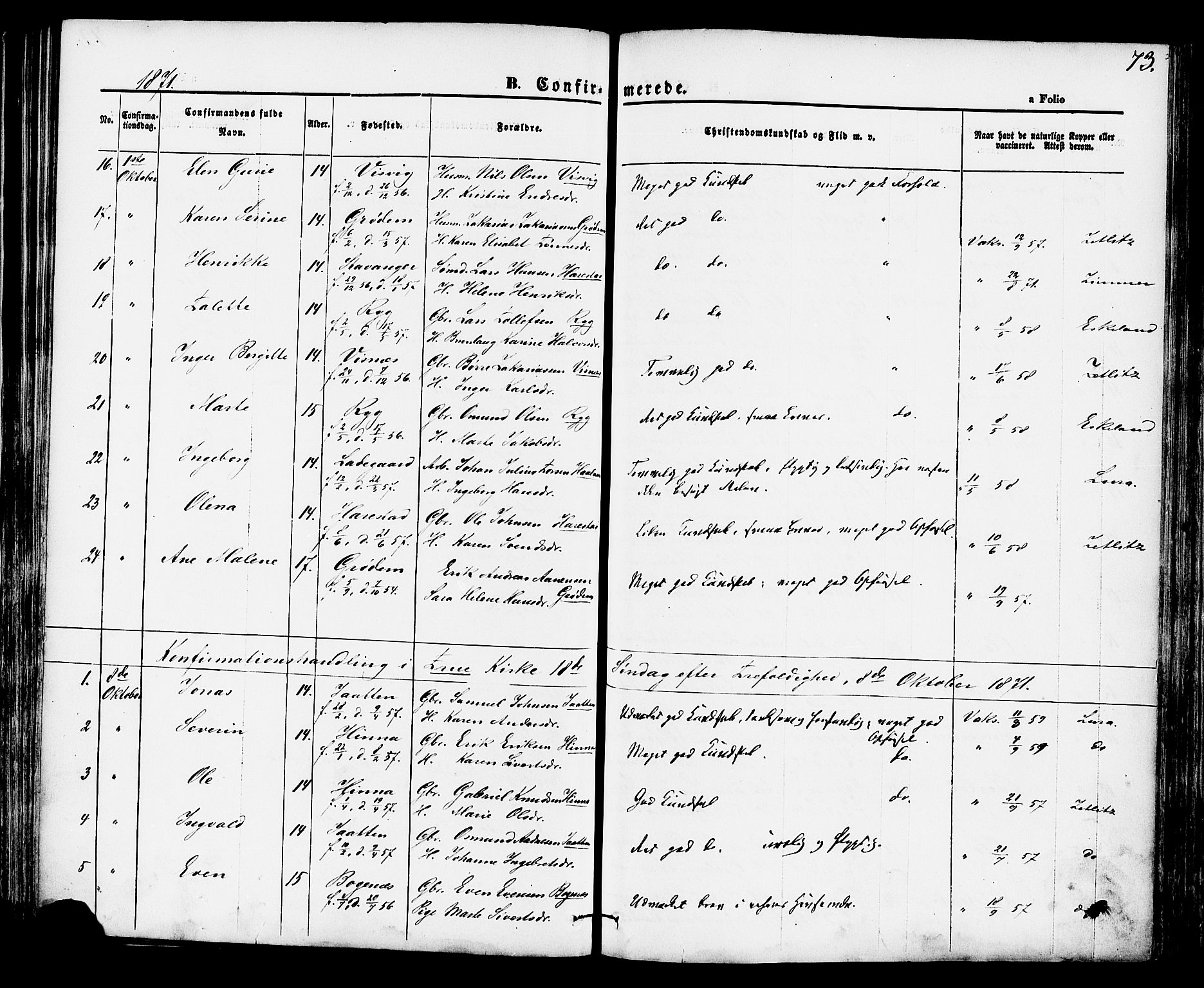 Hetland sokneprestkontor, SAST/A-101826/30/30BA/L0004: Parish register (official) no. A 4, 1862-1881, p. 73