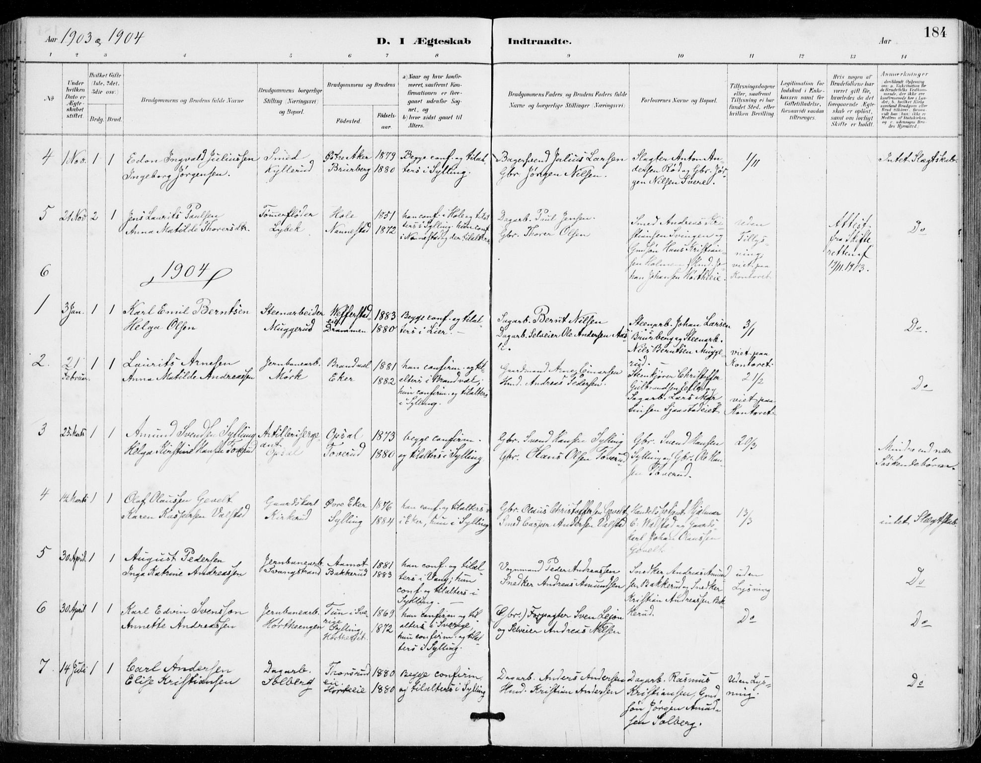 Sylling kirkebøker, SAKO/A-247/F/Fa/L0001: Parish register (official) no. 1, 1883-1910, p. 184