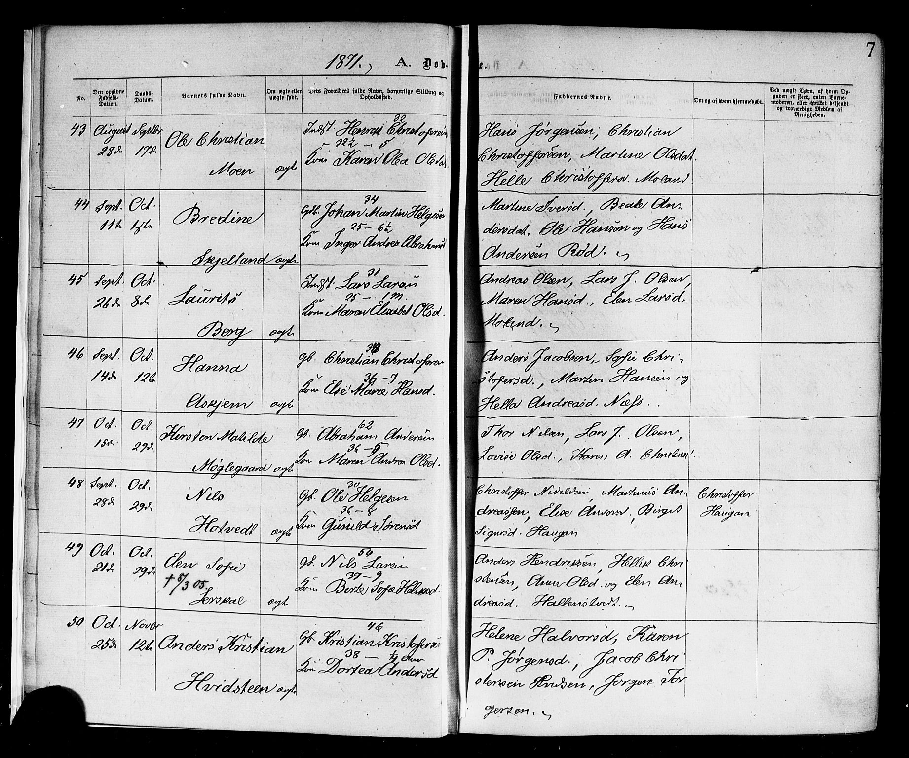 Andebu kirkebøker, AV/SAKO-A-336/F/Fa/L0006: Parish register (official) no. I 6, 1871-1878, p. 7