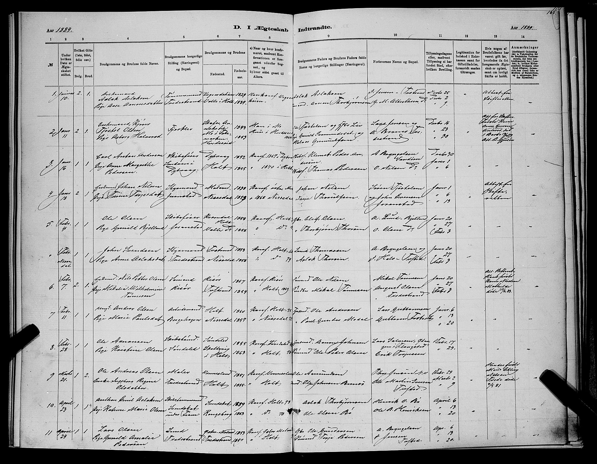 Holt sokneprestkontor, SAK/1111-0021/F/Fb/L0010: Parish register (copy) no. B 10, 1883-1896, p. 168