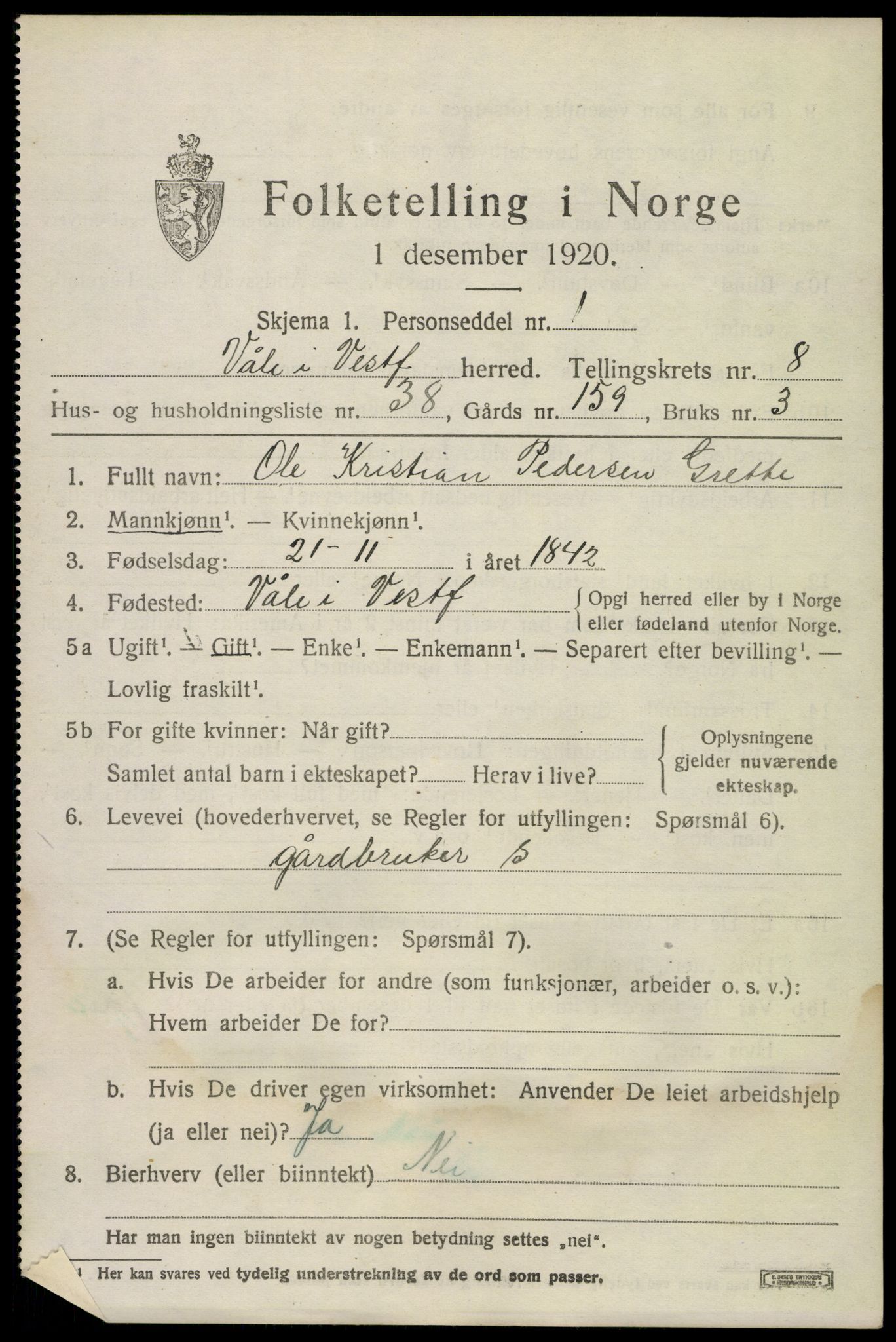 SAKO, 1920 census for Våle, 1920, p. 6568