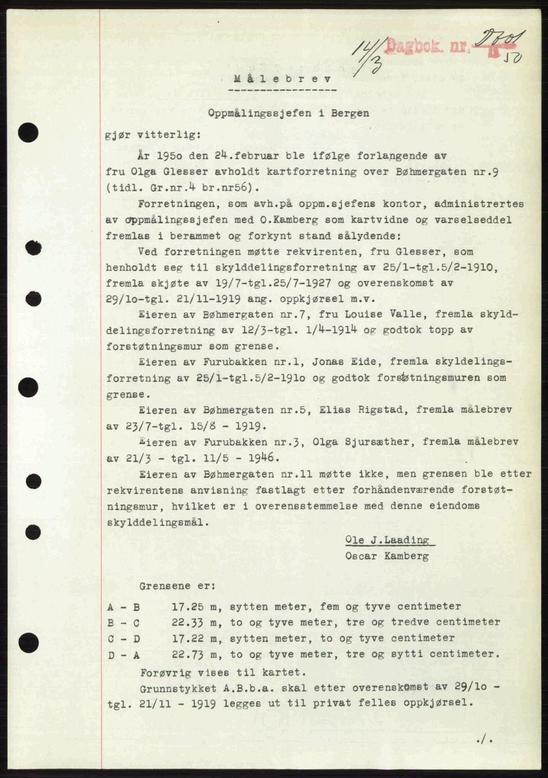 Byfogd og Byskriver i Bergen, AV/SAB-A-3401/03/03Bc/L0032: Mortgage book no. A26, 1950-1950, Diary no: : 2701/1950