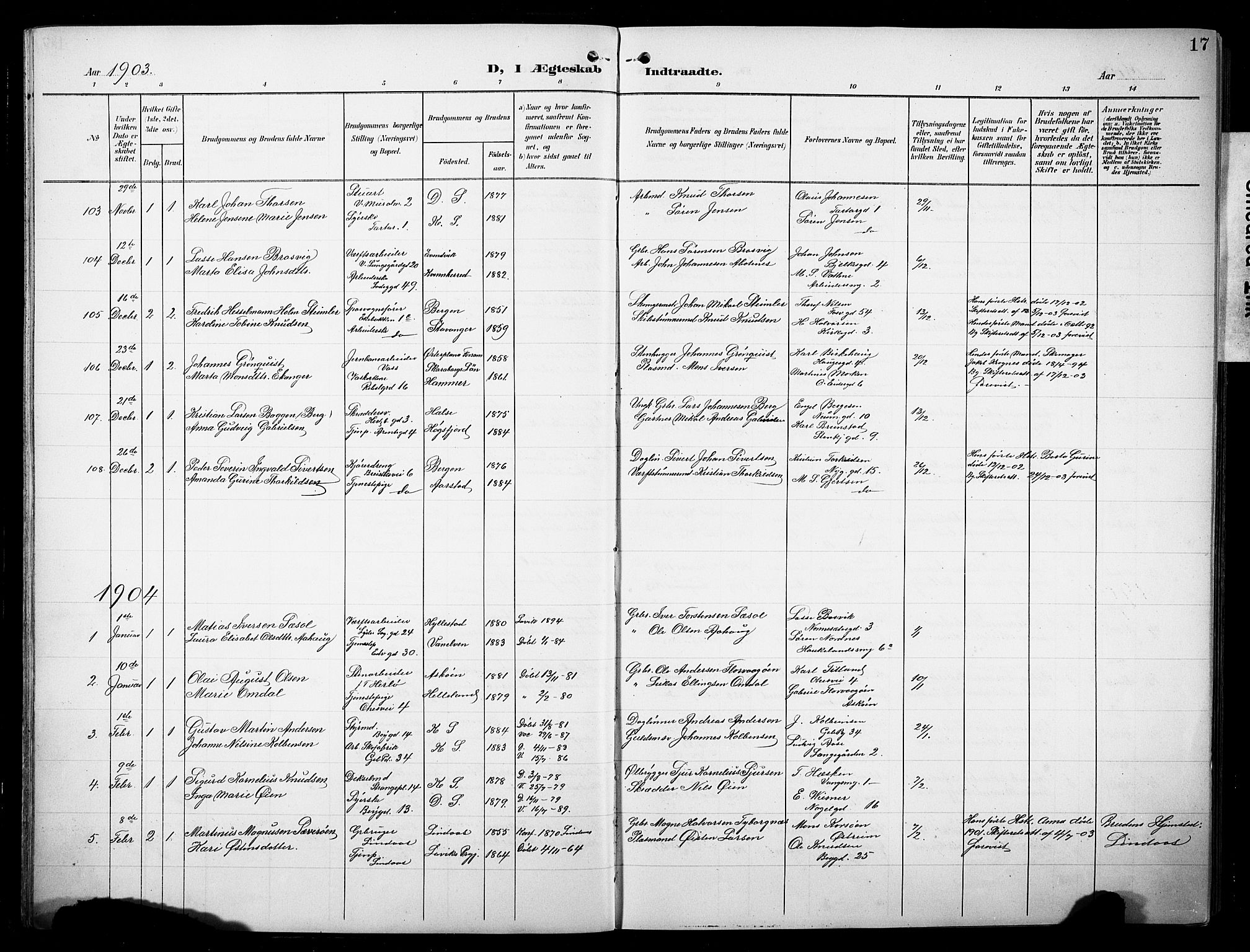 Sandviken Sokneprestembete, SAB/A-77601/H/Hb/L0014: Parish register (copy) no. D 1, 1902-1929, p. 17
