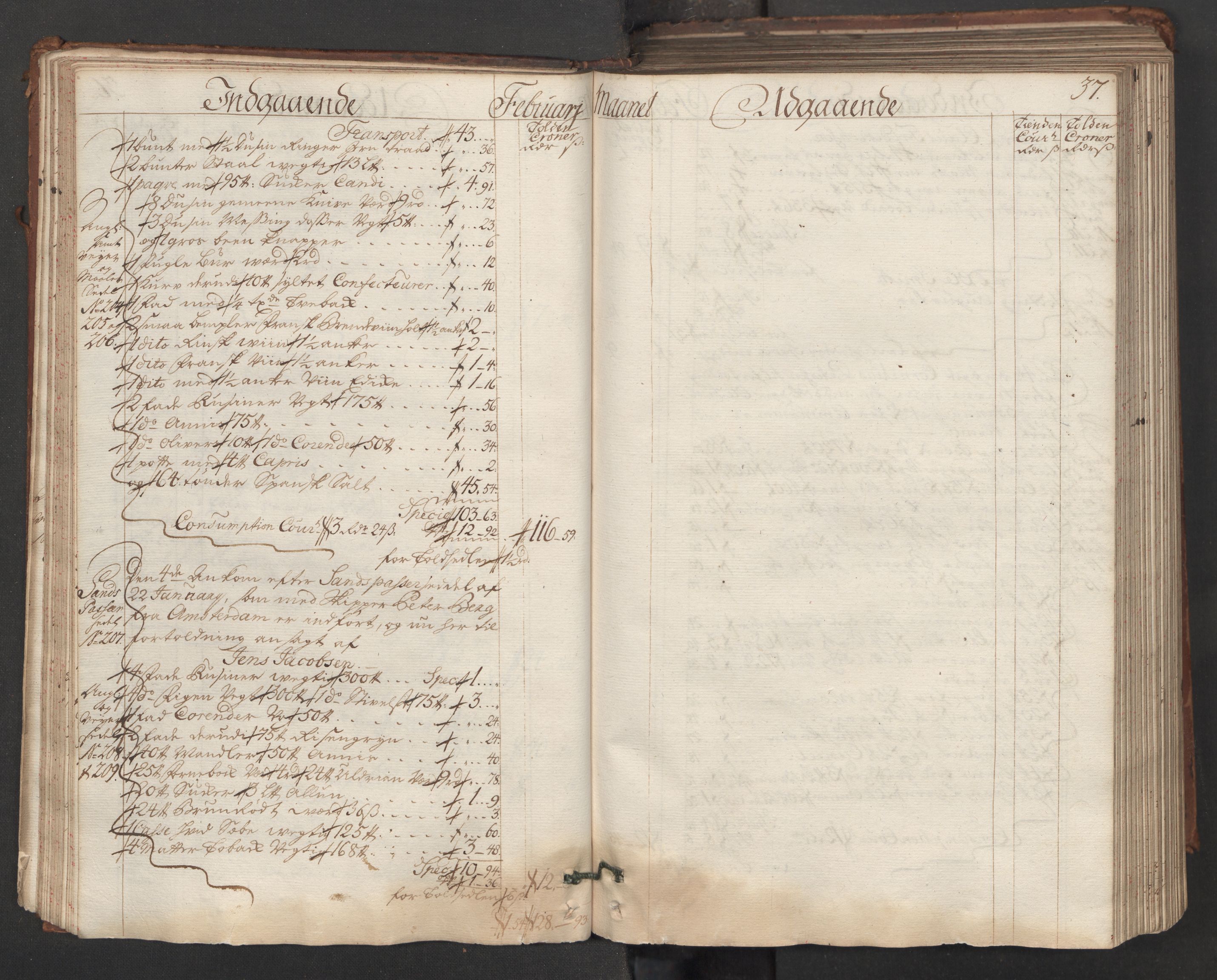 Generaltollkammeret, tollregnskaper, RA/EA-5490/R06/L0015/0001: Tollregnskaper Kristiania / Hovedtollbok, 1733, p. 36b-37a
