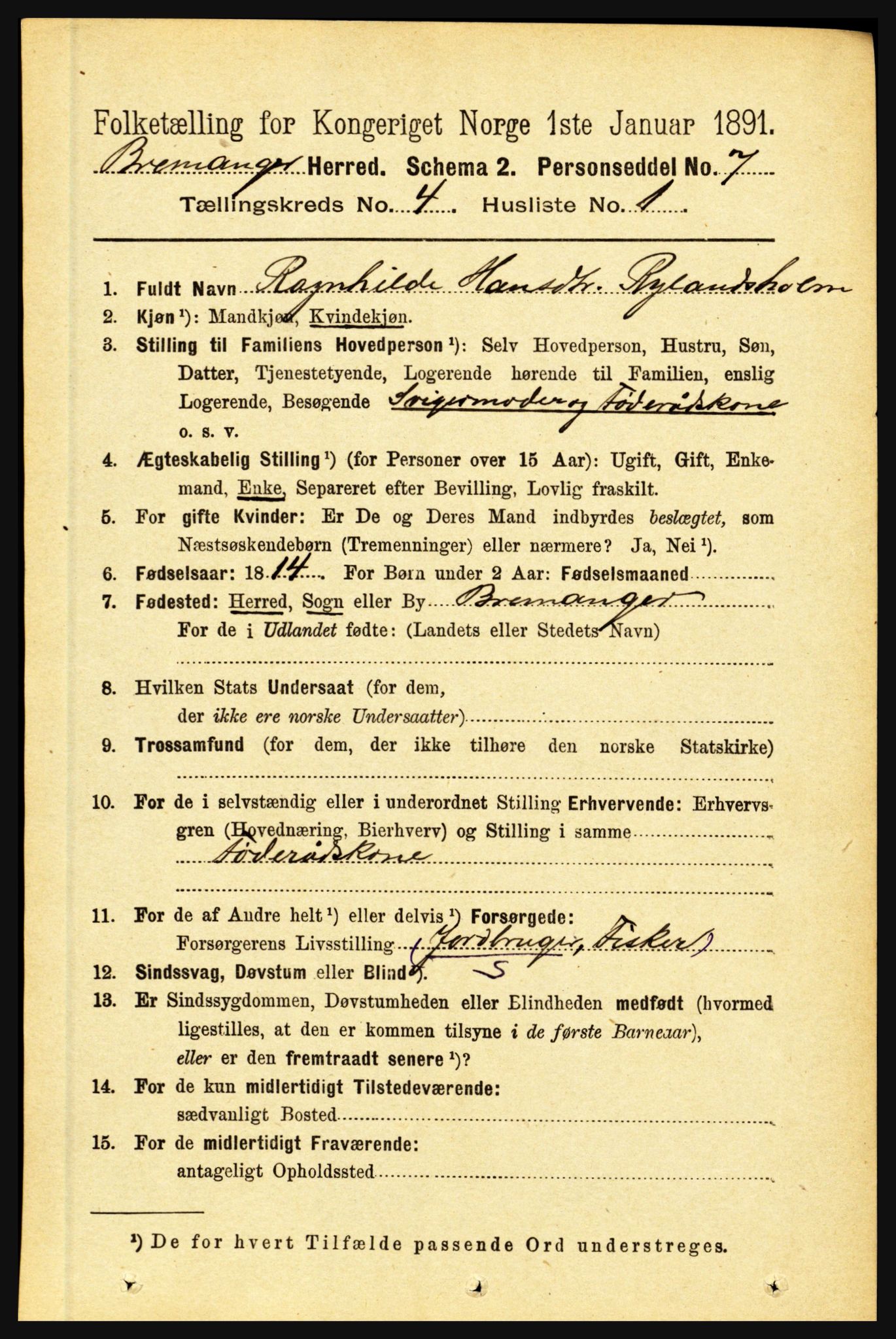 RA, 1891 census for 1438 Bremanger, 1891, p. 1518