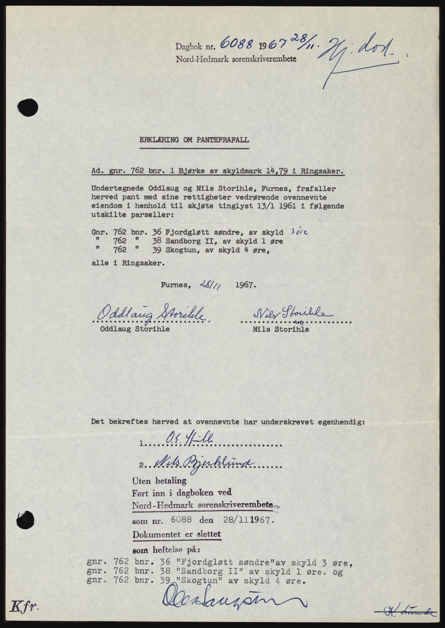 Nord-Hedmark sorenskriveri, SAH/TING-012/H/Hc/L0027: Mortgage book no. 27, 1967-1968, Diary no: : 6088/1967
