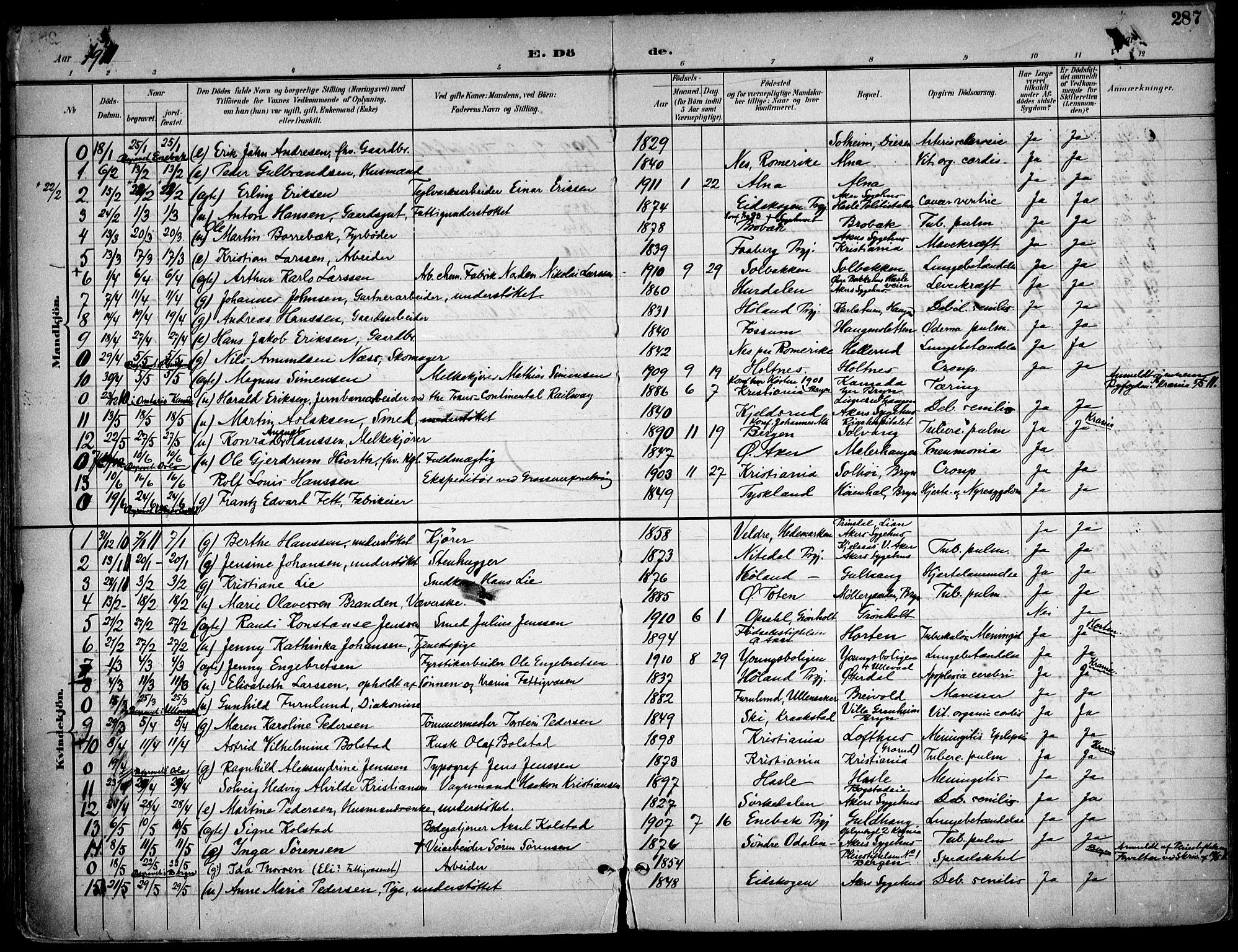 Østre Aker prestekontor Kirkebøker, SAO/A-10840/F/Fa/L0011: Parish register (official) no. I 11, 1895-1917, p. 287