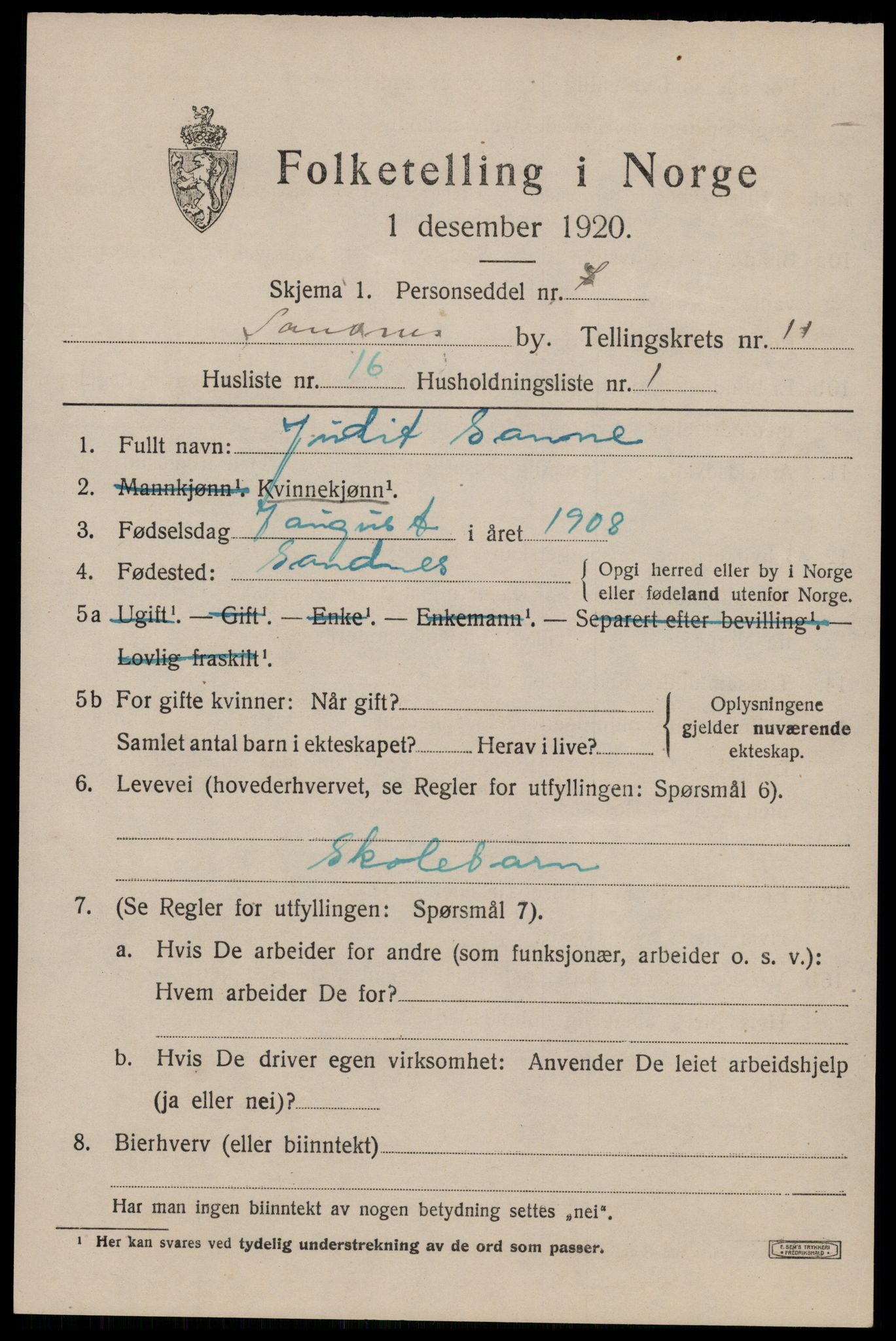 SAST, 1920 census for Sandnes, 1920, p. 7382