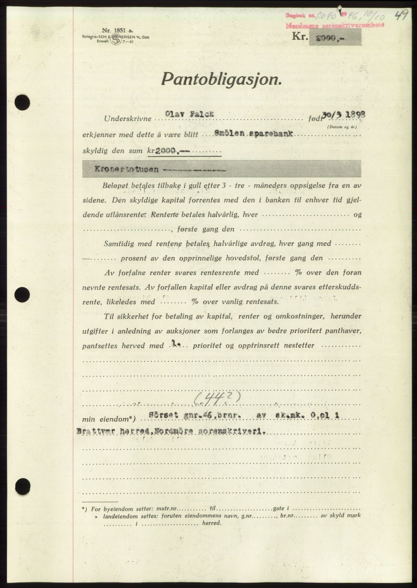 Nordmøre sorenskriveri, AV/SAT-A-4132/1/2/2Ca: Mortgage book no. B95, 1946-1947, Diary no: : 2040/1946