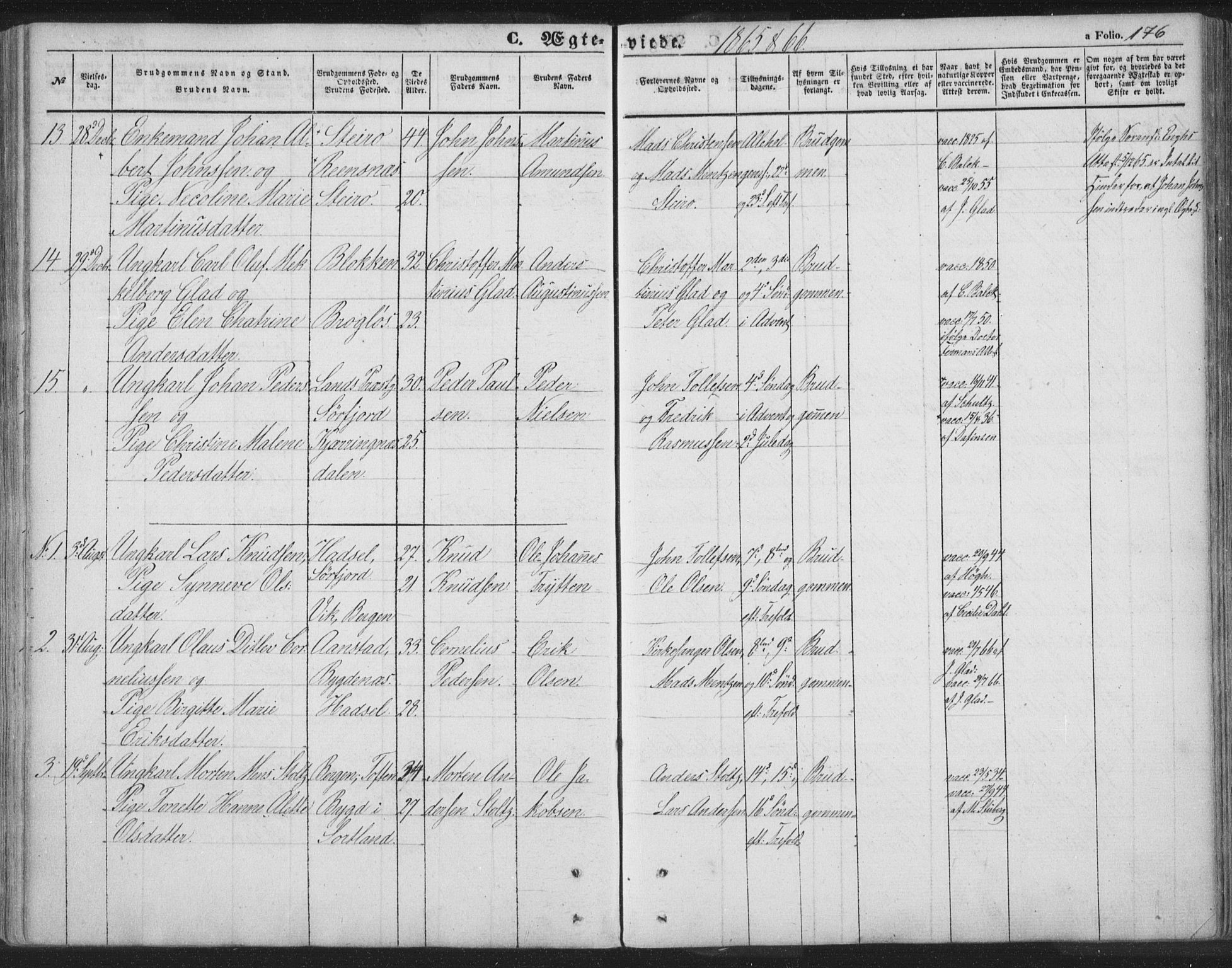 Ministerialprotokoller, klokkerbøker og fødselsregistre - Nordland, AV/SAT-A-1459/895/L1369: Parish register (official) no. 895A04, 1852-1872, p. 176