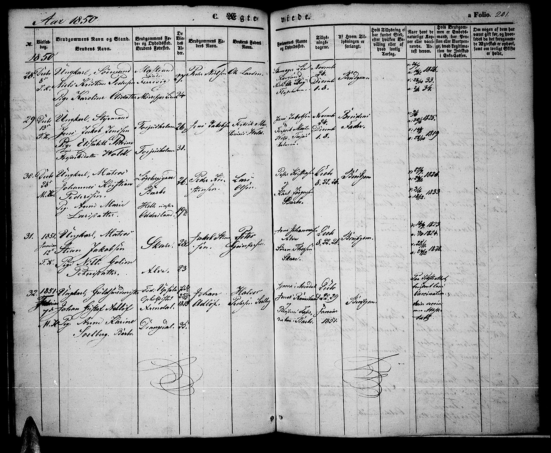 Tromøy sokneprestkontor, SAK/1111-0041/F/Fa/L0005: Parish register (official) no. A 5, 1847-1856, p. 201