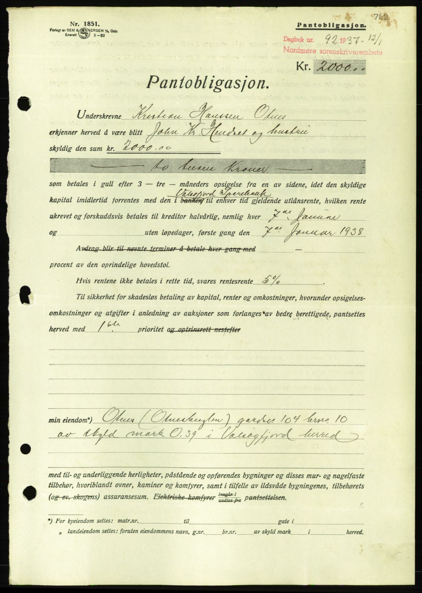 Nordmøre sorenskriveri, AV/SAT-A-4132/1/2/2Ca/L0090: Mortgage book no. B80, 1936-1937, Diary no: : 92/1937