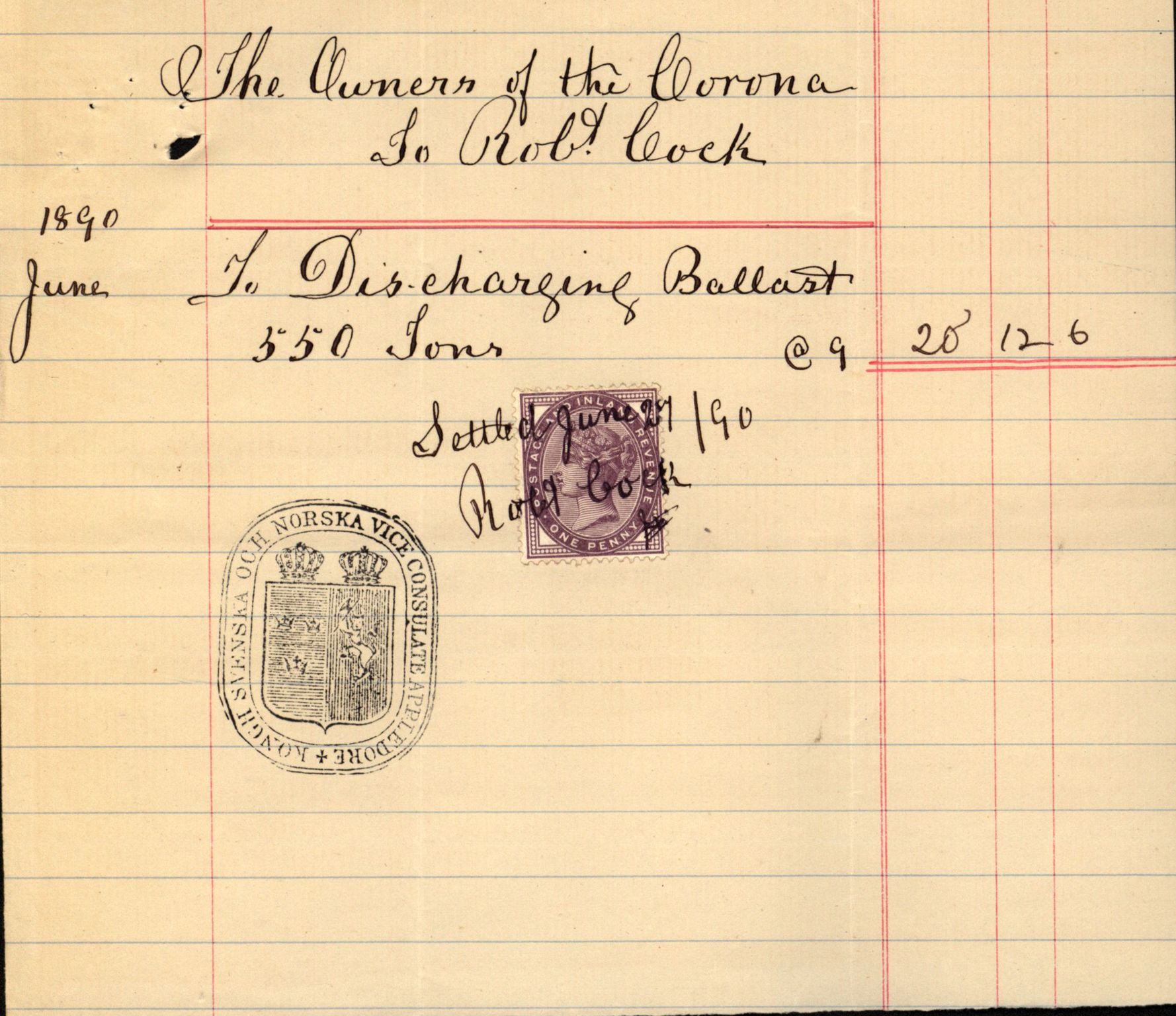 Pa 63 - Østlandske skibsassuranceforening, VEMU/A-1079/G/Ga/L0025/0003: Havaridokumenter / Josephine, Carl, Johanna, Castro, Comorin, Corona, 1890, p. 95