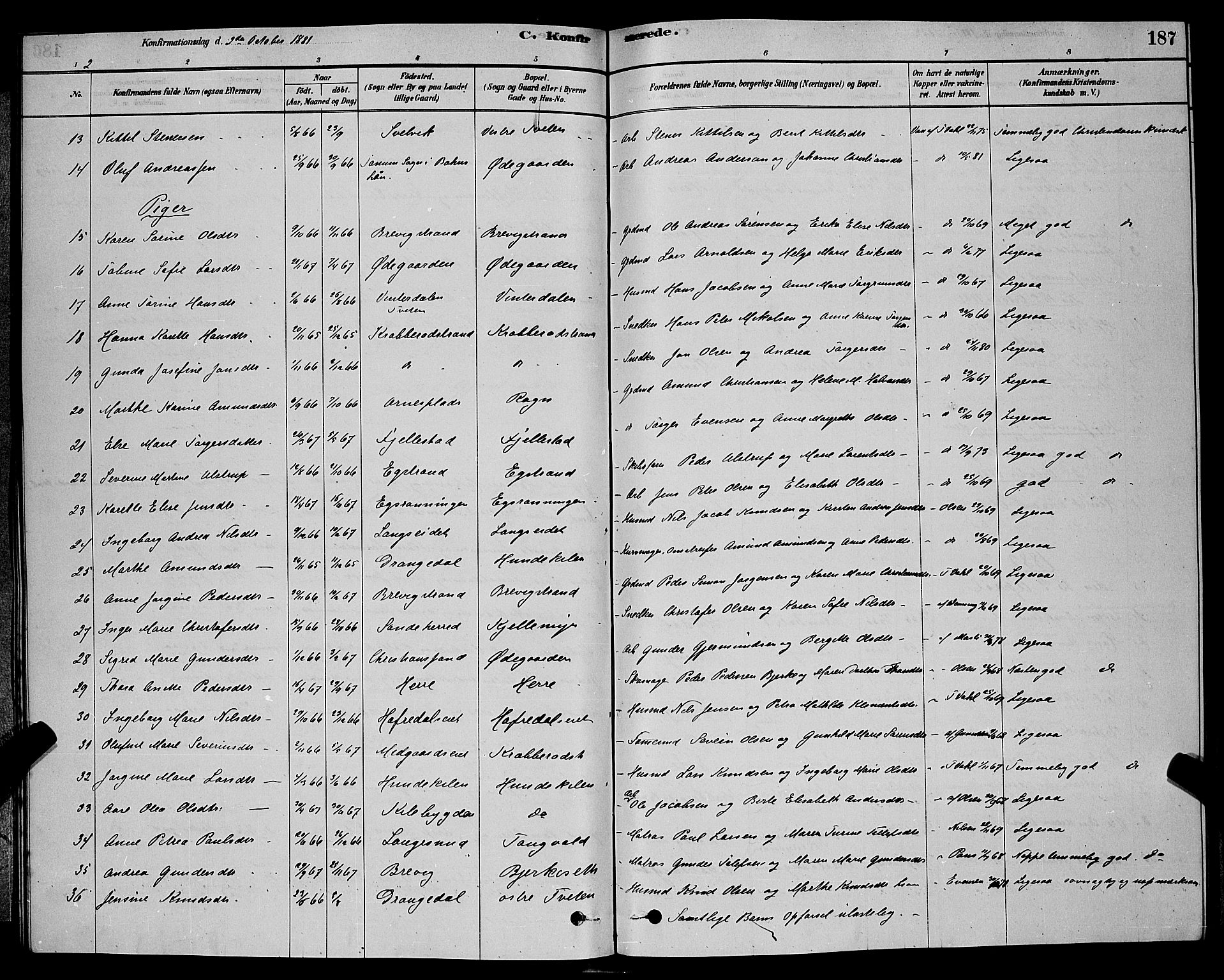 Bamble kirkebøker, SAKO/A-253/G/Ga/L0008: Parish register (copy) no. I 8, 1878-1888, p. 187