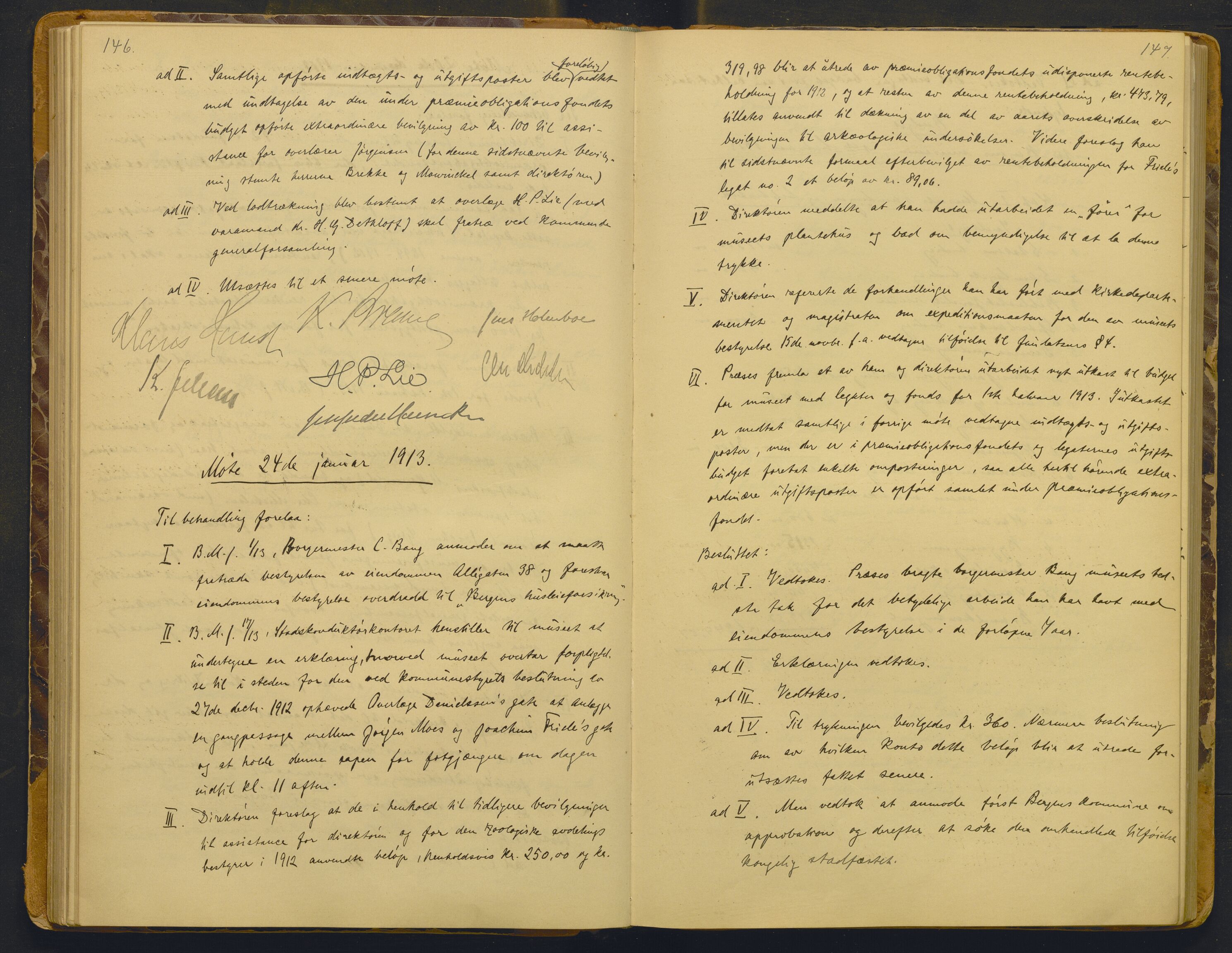 Bergens Museum, AV/SAB-A-17301/02/A/L0008: Forhandlingsprotokoll med register , 1906-1927, p. 146-147