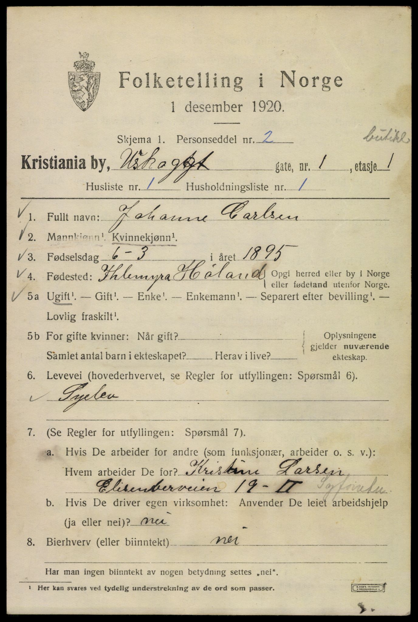 SAO, 1920 census for Kristiania, 1920, p. 620187